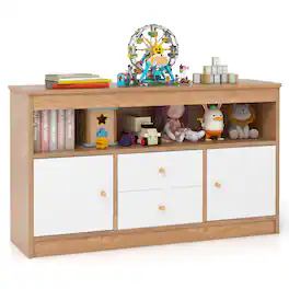 Costway - Kids Toy Storage Organizer Wooden Children Bookshelf Storage Chest with Open Shelf - Natural