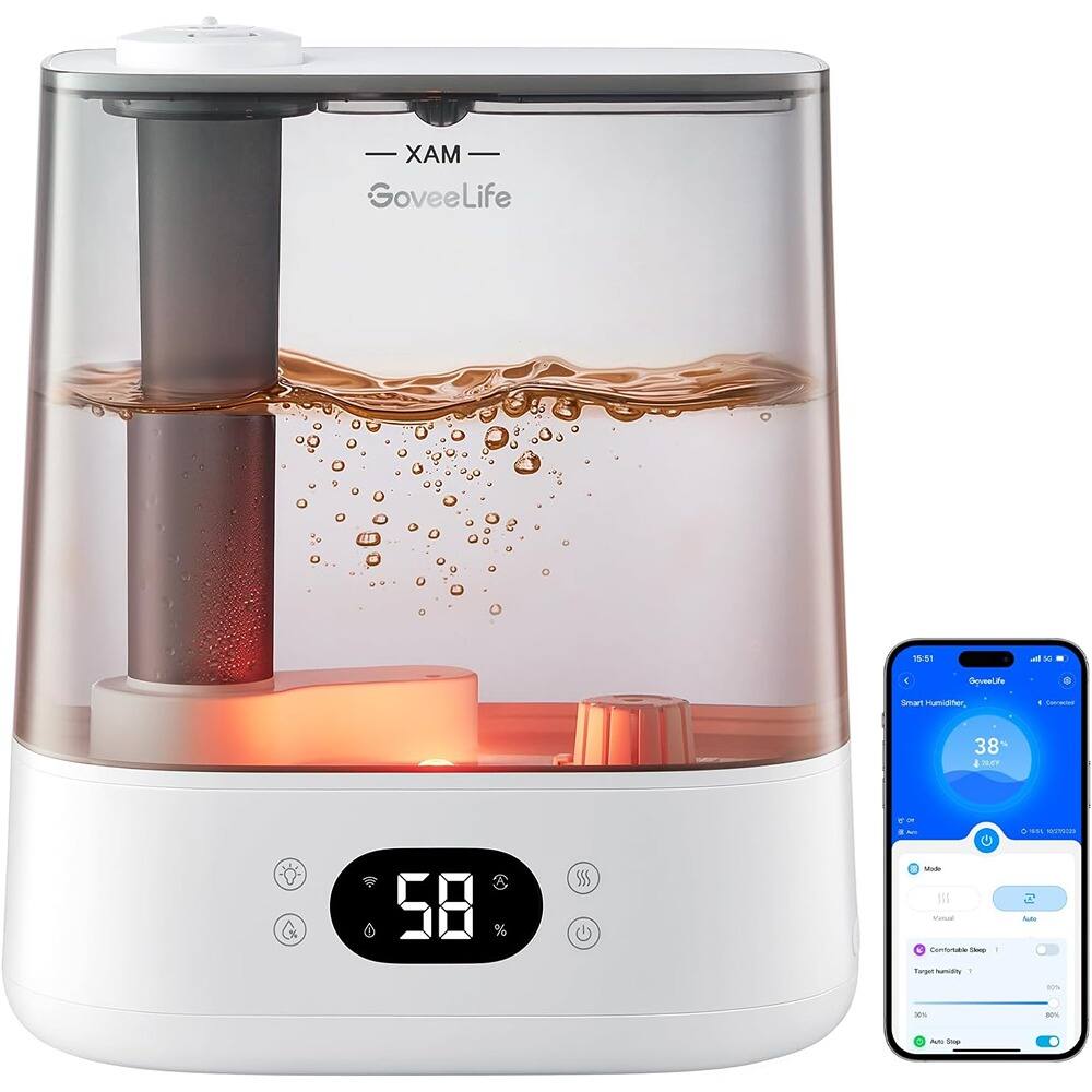Sure, here is the corrected and grouped text from the image:

---

**XAM**  
GoveeLife

**58%**

**Smart Humidifier**  
38°C  
38°F

**Mode**  
Auto

**Controlable Speed**  
Target humidity: 60%

**Auto Sleep**  
30%  
80%

---

This text includes the brand name, model, humidity level, temperature, and settings from the image.