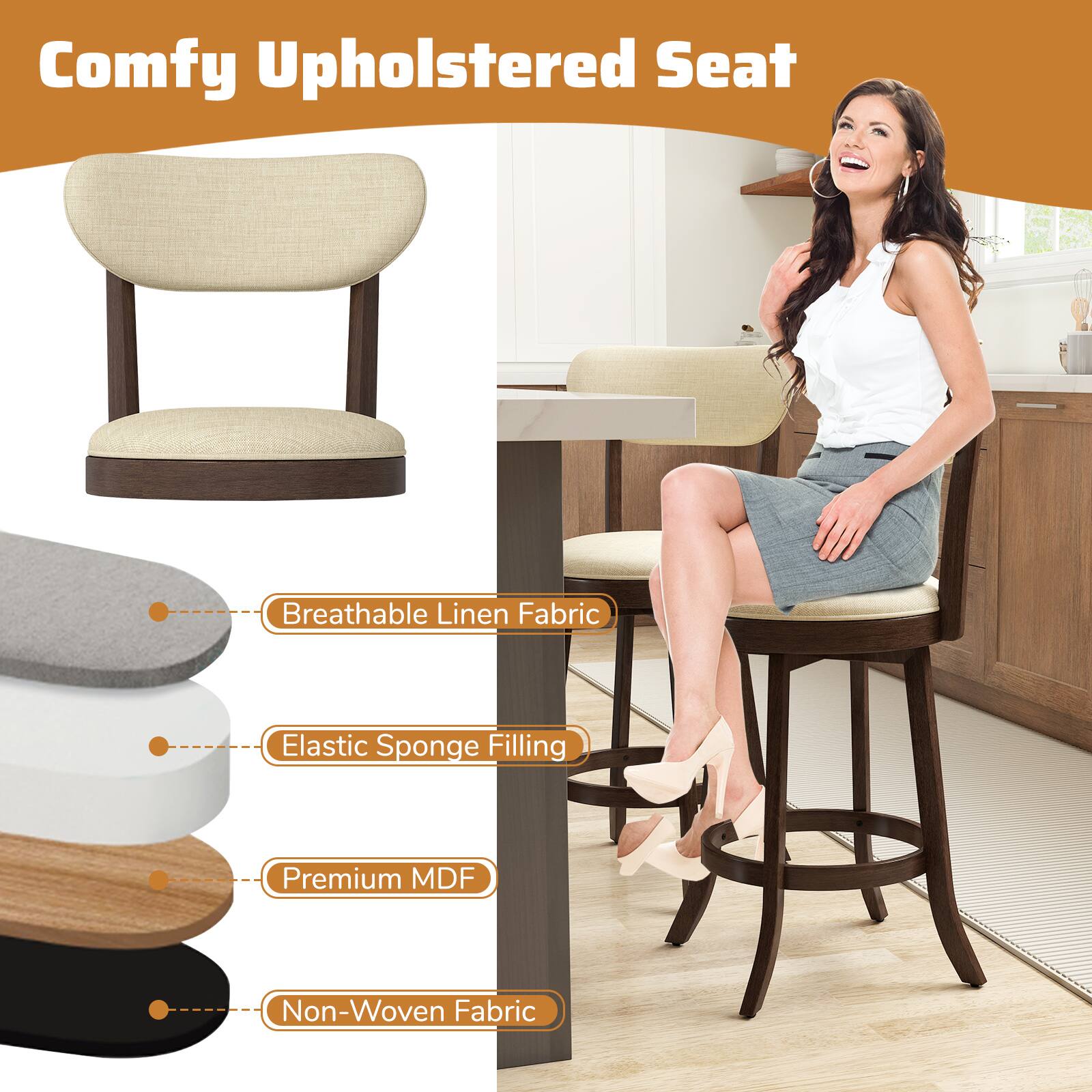 Comfy Upholstered Seat

- Breathable Linen Fabric
- Elastic Sponge Filling
- Premium MDF
- Non-Woven Fabric