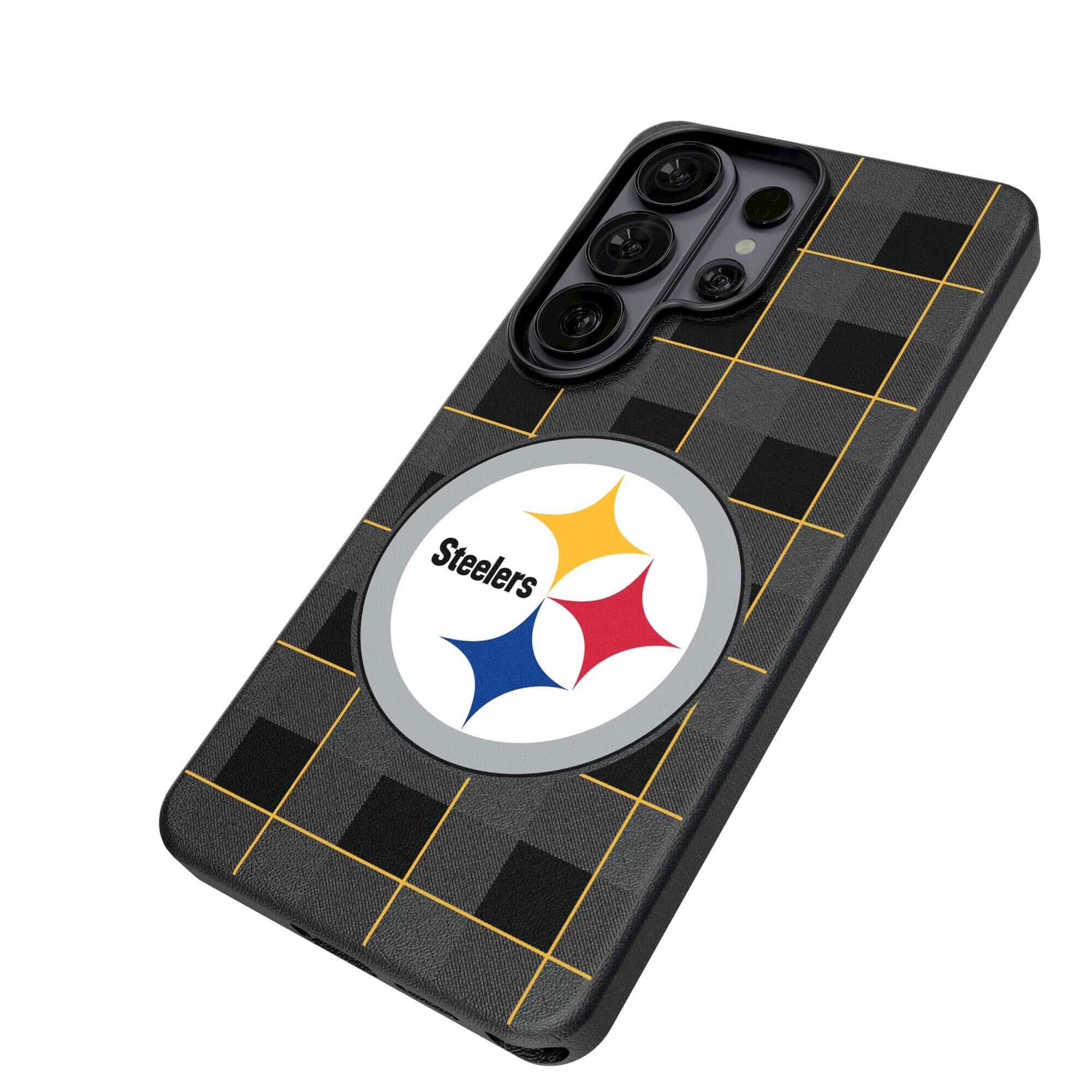 Alt View 1. Keyscaper - Pittsburgh Steelers Plaid Galaxy Magnetic Bump Case - S24 Plus - Black.