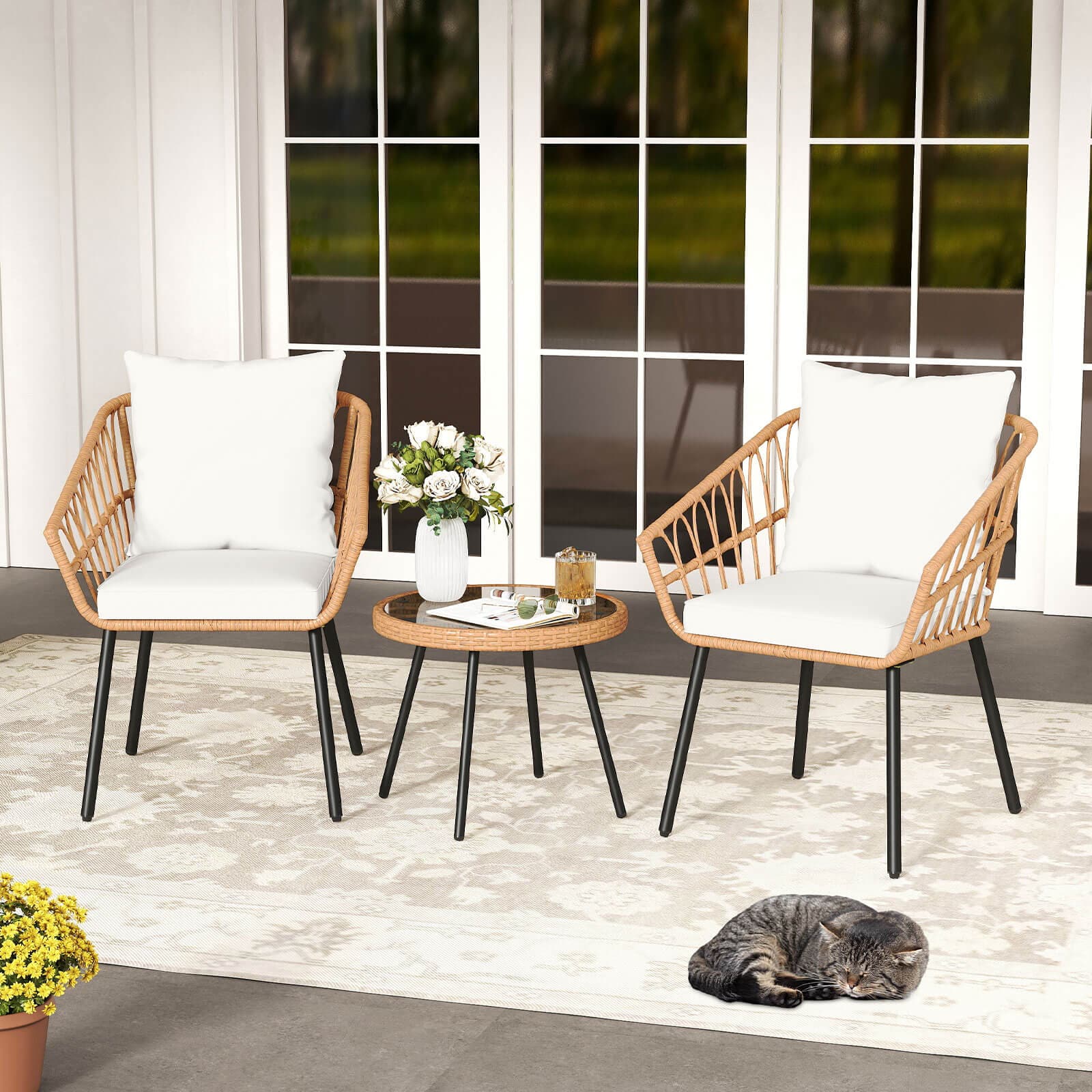 Costway - 3 Piece Patio Bistro Set with Heavy Duty Metal Frame for Balcony Garden & Poolside - White