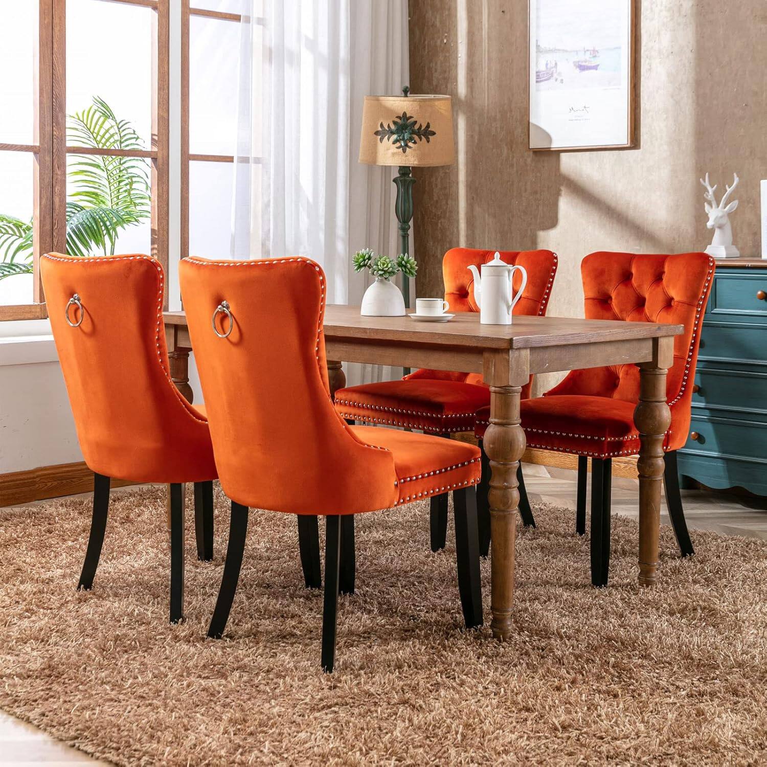 Alt View 5. Trinkets Crazed - Velvet Dining Chairs Set of 2, Upholstered High-end Tufted Dining Room Chair with Wood Legs Nailhead Trim for Kitchen - orange.