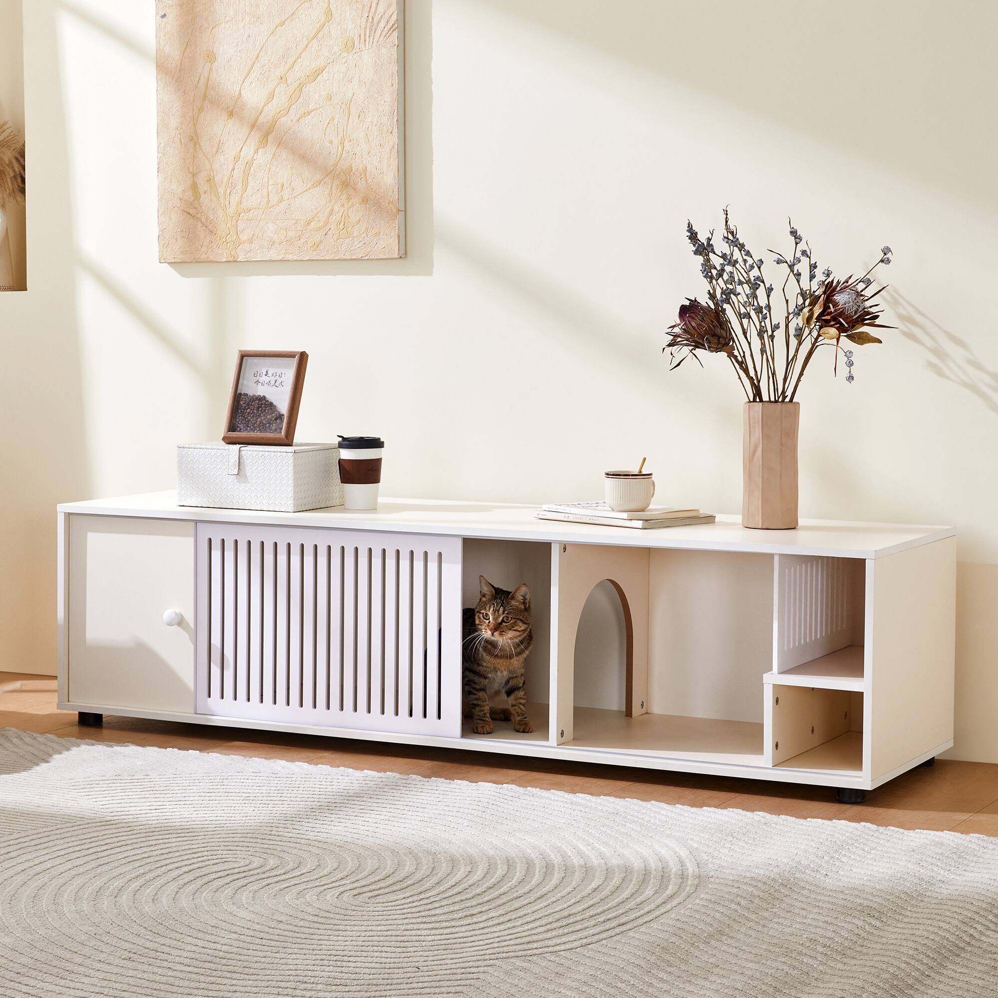 Alt View 7. Spaco - Spaco Modern TV Stand with Storage, Cat Litter Box Enclosure with Removable Sliding Door for Living Room - Cream White.