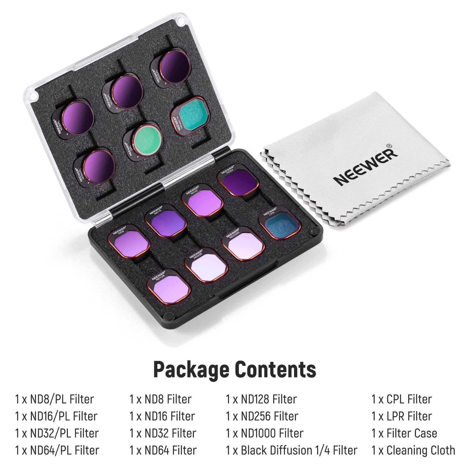 Package Contents

1 x ND8/PL Filter  
1 x ND16/PL Filter  
1 x ND32/PL Filter  
1 x ND64/PL Filter  
1 x ND8 Filter  
1 x ND16 Filter  
1 x ND32 Filter  
1 x ND64 Filter  
1 x ND128 Filter  
1 x ND256 Filter  
1 x ND1000 Filter  
1 x Black Diffusion 1/4 Filter  
1 x CPL Filter  
1 x LPR Filter  
1 x Filter Case  
1 x Cleaning Cloth