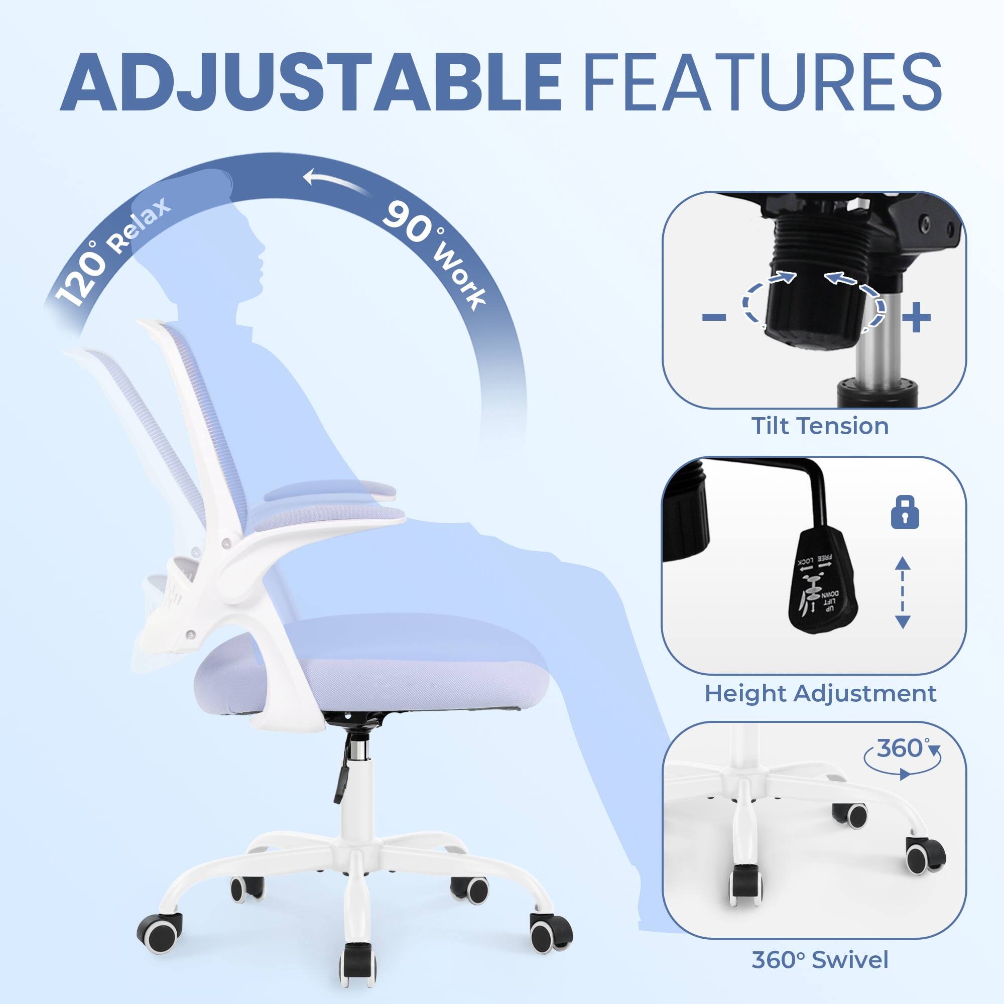 ADJUSTABLE FEATURES

- 120° Relax
- 90° Work
- Tilt Tension
- Height Adjustment
- 360° Swivel