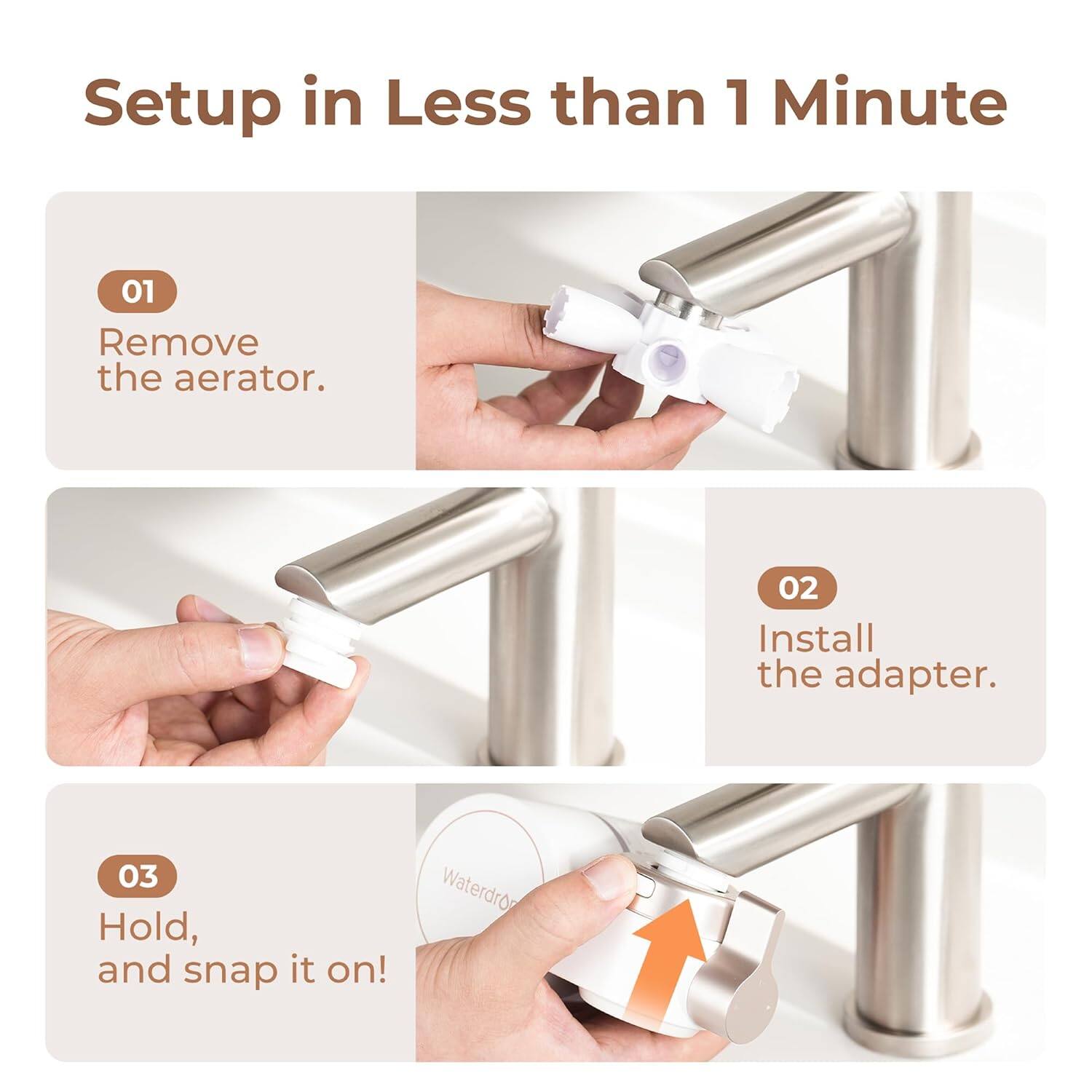 Setup in Less than 1 Minute

01 Remove the aerator.

02 Install the adapter.

03 Hold, and snap it on!