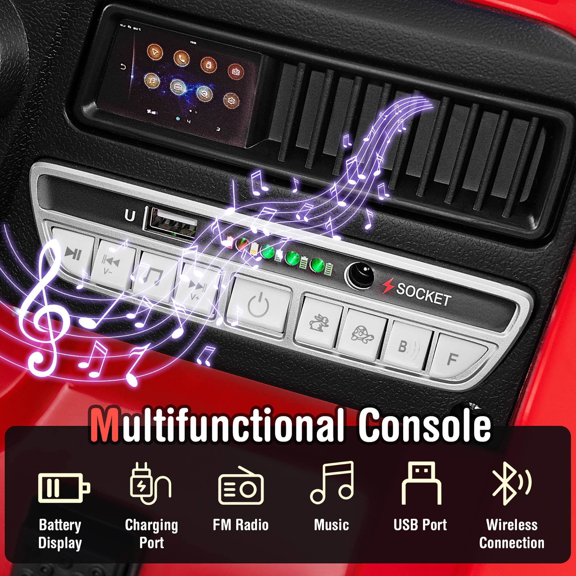 Multifunctional Console

- Battery Display
- Charging Port
- FM Radio
- Music
- USB Port
- Wireless Connection

A a U V+ SOCKET B F