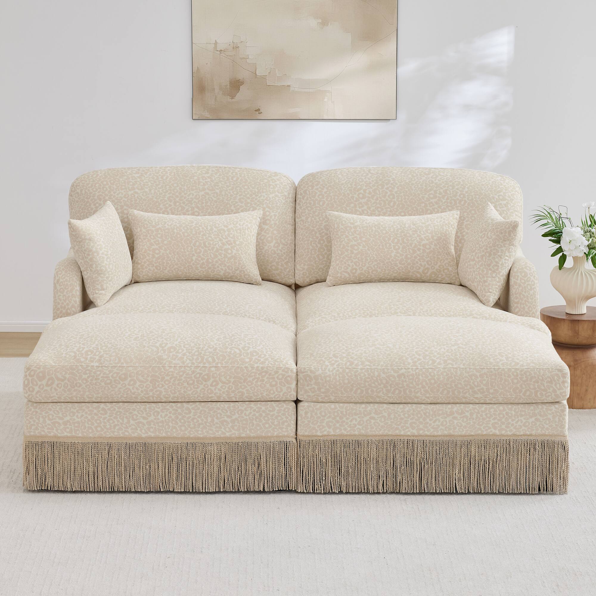 Angle. Anysun - Modular Comfy Leopard Printing Loveseat with Exquisite Tassel Trimmings and 2 Movable Ottomans - Beige.