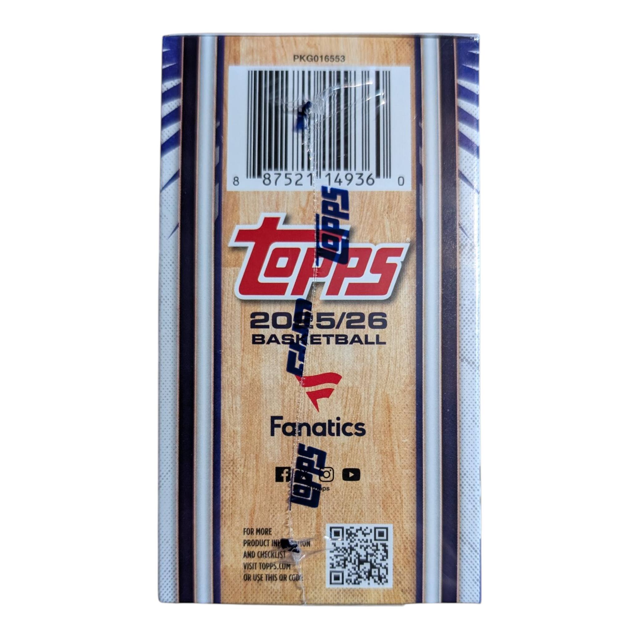 PKG016553  
8 87521 14936 0  
Topps  
2025/26 Basketball  
Fanatics  
FOR MORE PRODUCT INFO AND CHECKLIST VISIT TOPPS.COM OR USE THIS QR CODE