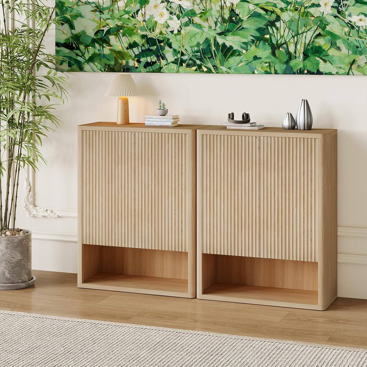 Alt View 1. Homhougo - 44" Tall Shoe Cabinet, Storage Organizer with Doors & 4 Adjustable Shelves, Modern Free Standing Shoe Rack for - Natural Oak.