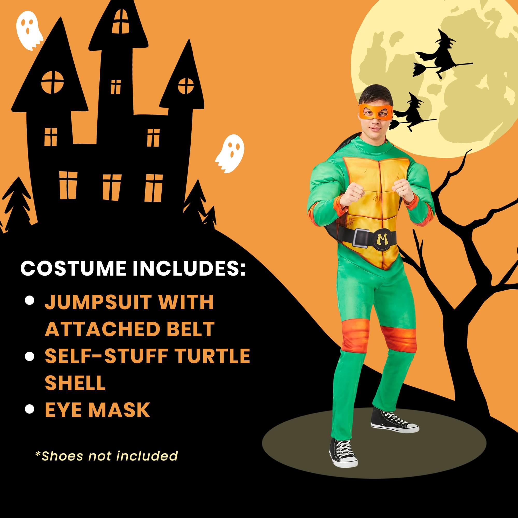 COSTUME INCLUDES:
- JUMPSUIT WITH ATTACHED BELT
- SELF-STUFF TURTLE SHELL
- EYE MASK

*Shoes not included
