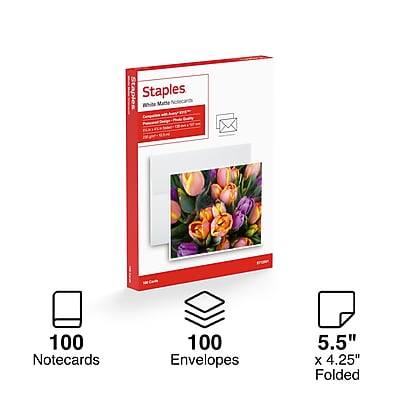 Staples  
White Matte Notecards  
100 Notecards  
100 Envelopes  
5.5" x 4.25" Folded