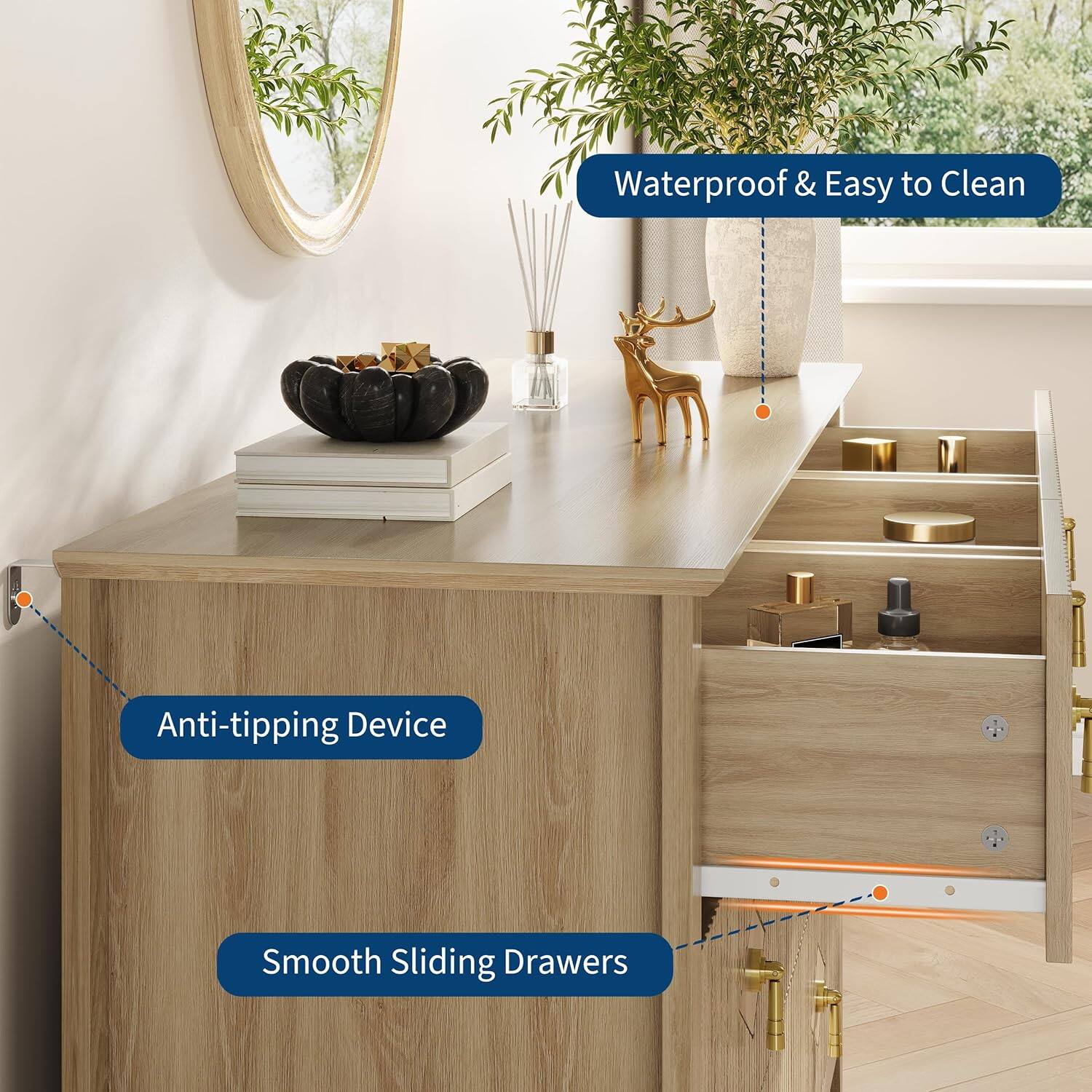 Waterproof & Easy to Clean  
Anti-tipping Device  
Smooth Sliding Drawers