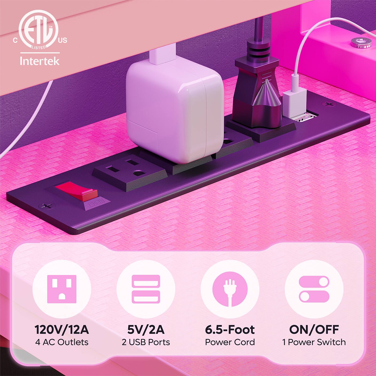 iM CETLUS LISTED Intertek 120V/12A 4 AC Outlets 5V/2A 2 USB Ports 6.5-Foot Power Cord ON/OFF 1 Power Switch