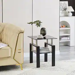 Loheer - Glass Sofa Table 2-Layer End Table with Storage Modern Square Glass Tea Table for Living Room - Black