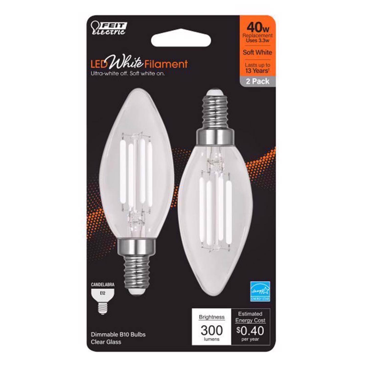 FEIT Electric 40w Replacement Uses 3.3W LED White Filament Ultra-white off. Soft white on. Soft White Lasts up to 13 Years 2 Pack CANDELABRA E2 Dimmable B10 Bulbs Clear Glass Estimated Brightness Energy Cost 300 $0.40 lumens per year