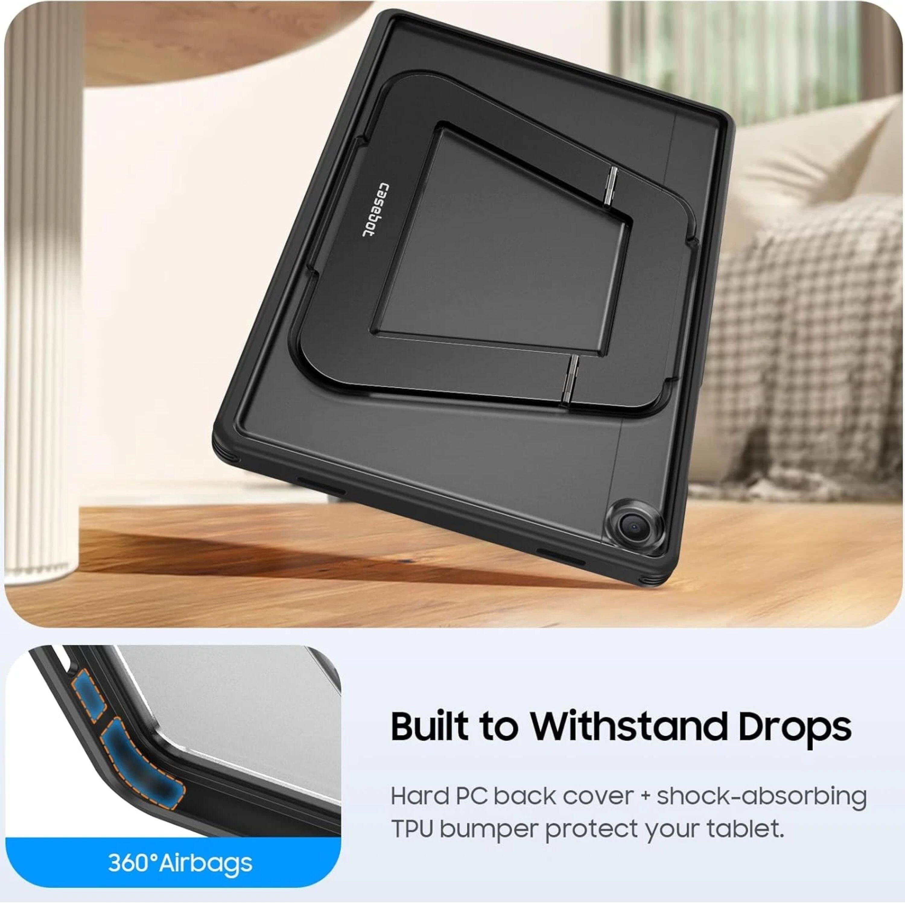 casebot Built to Withstand Drops 360° Airbags Hard PC back cover + shock-absorbing TPU bumper protect your tablet.