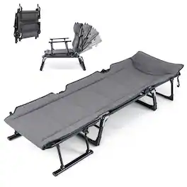 Costway - Folding Camping Cot with Mattress 6 Backrest Positions Head Pillow Foldable Armrest - Gray + Black