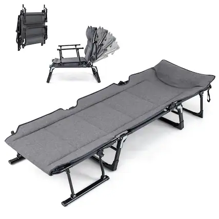 Front. Costway - Costway Folding Camping Cot with Mattress 6 Backrest Positions Head Pillow Foldable Armrest - Gray + Black.