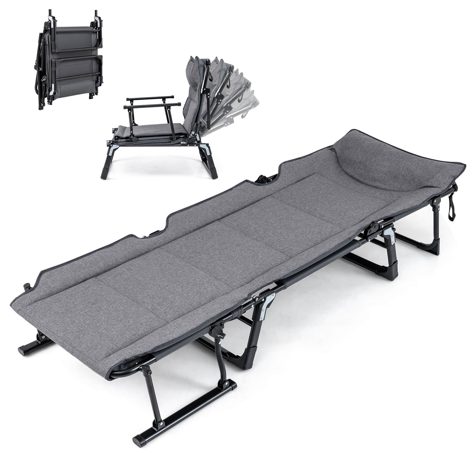 Front. Costway - Costway Folding Camping Cot with Mattress 6 Backrest Positions Head Pillow Foldable Armrest - Gray + Black.
