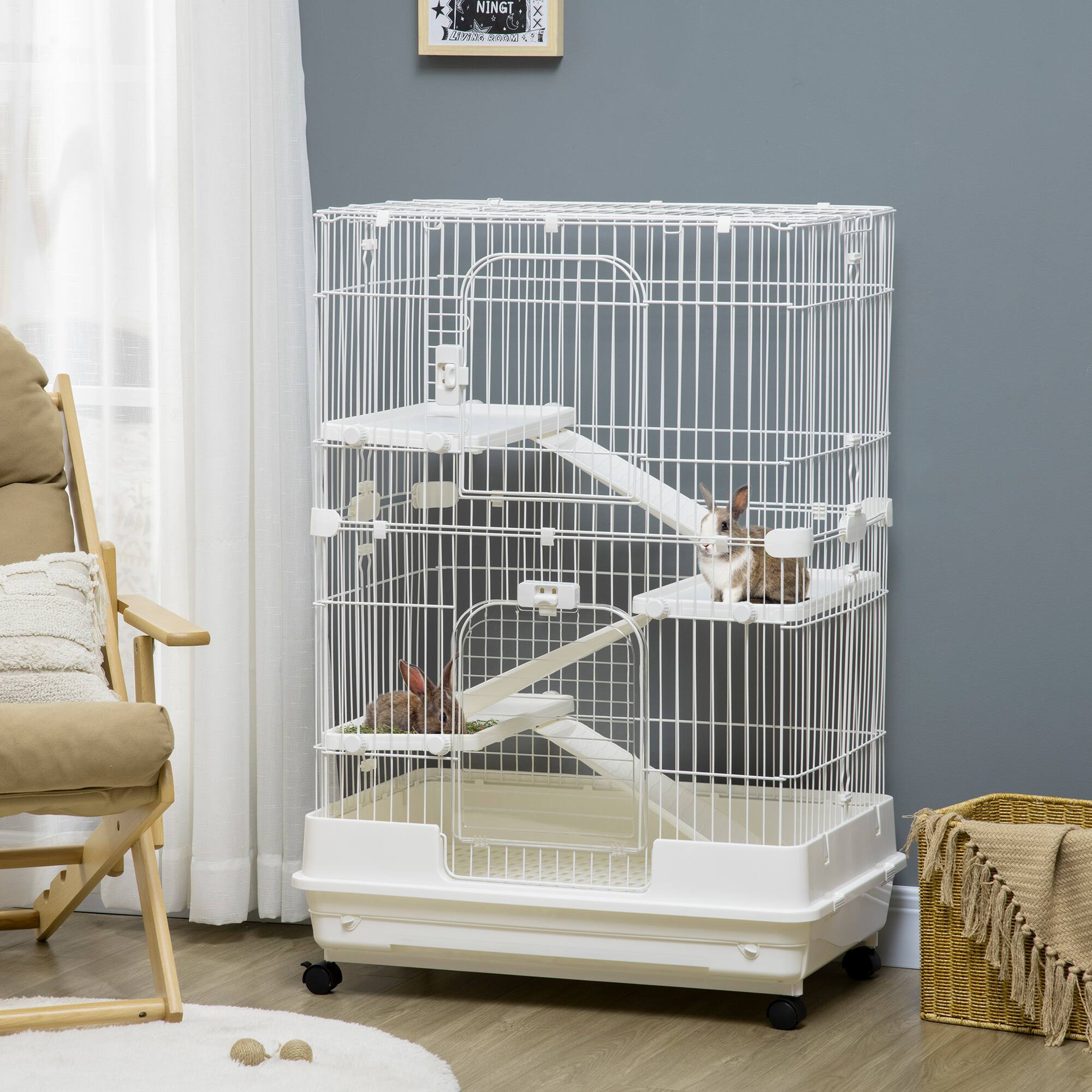 Angle. Pawhut - 4-Level Small Animal Cage Rabbit Hutch with Wheels, Removable Tray, Platform and Ramp for Bunny, Chinchillas.