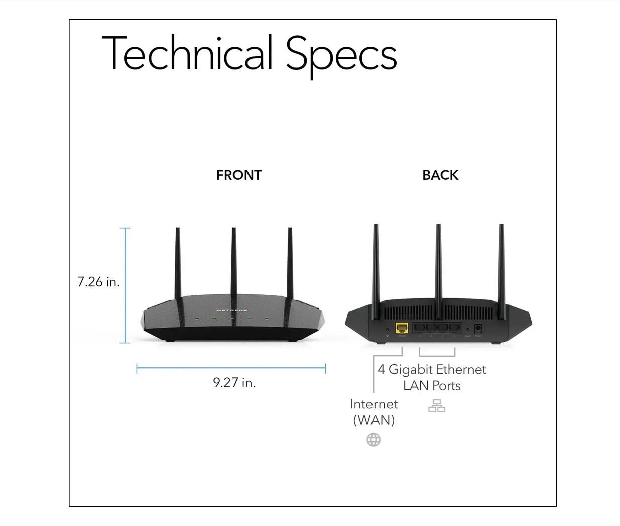 Technical Specs

FRONT  
7.26 in.  
9.27 in.

BACK  
4 Gigabit Ethernet LAN Ports  
Internet (WAN)
