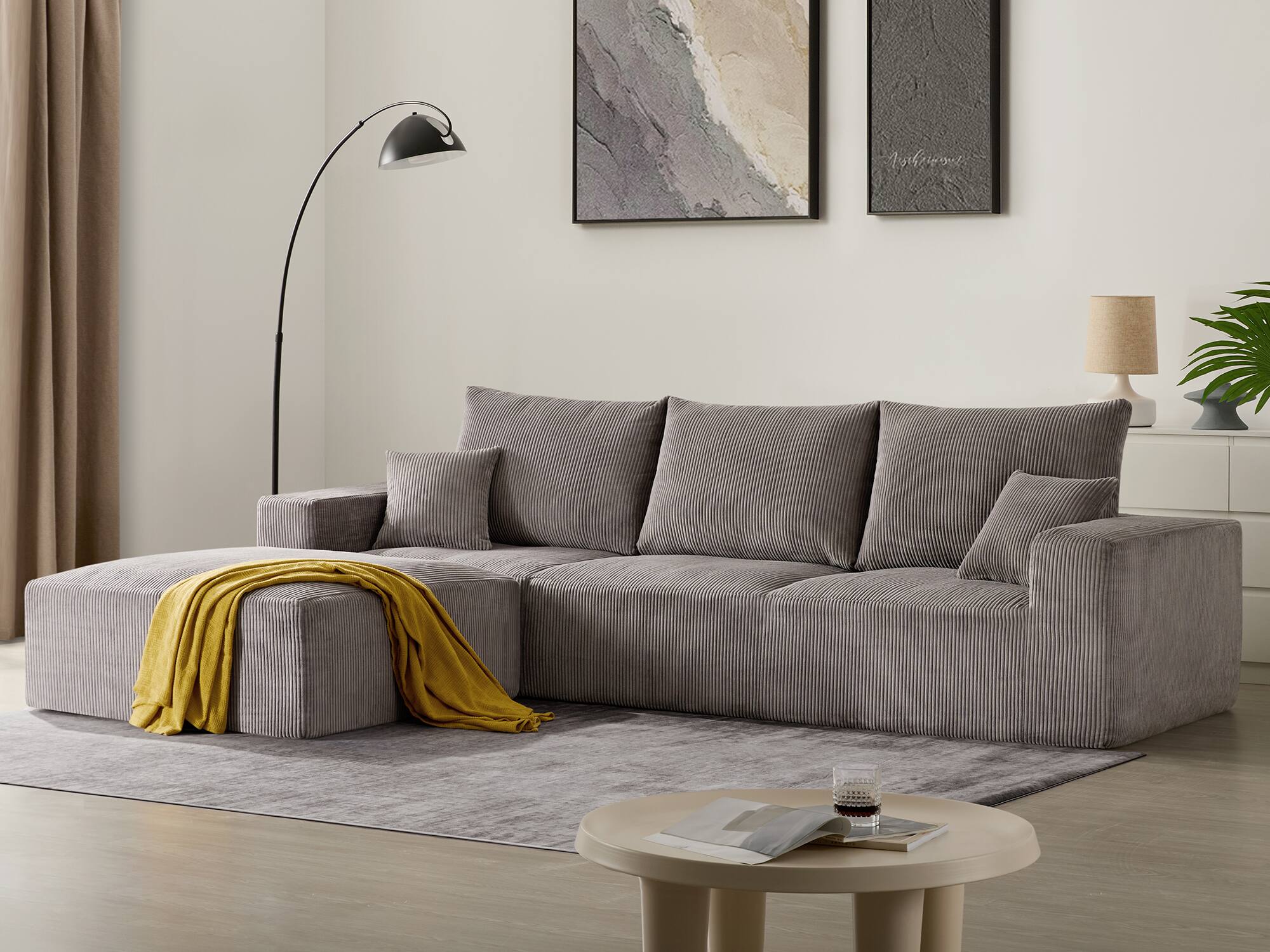 GRANDJOY - 113" L‑Shaped Modular Cloud Sofa with Chaise, Full Foam Sectional, No Assembly - Gray