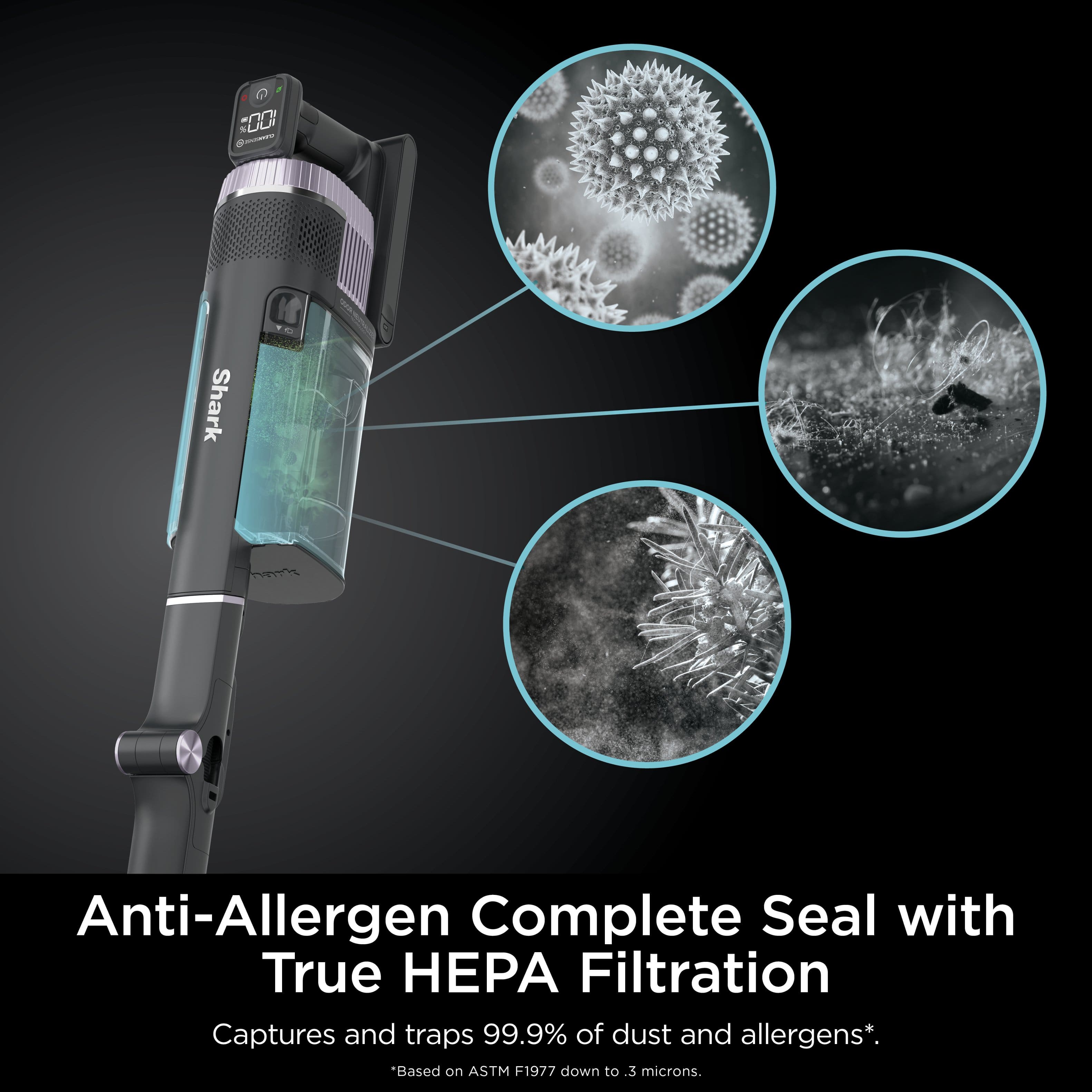 P COO - I Shark 1 1. 9 Anti-Allergen Complete Seal with True HPA Filtration Captures and traps 99.9% of dust and allergens. *Based on ASTM F1977 down to 3 microns.
