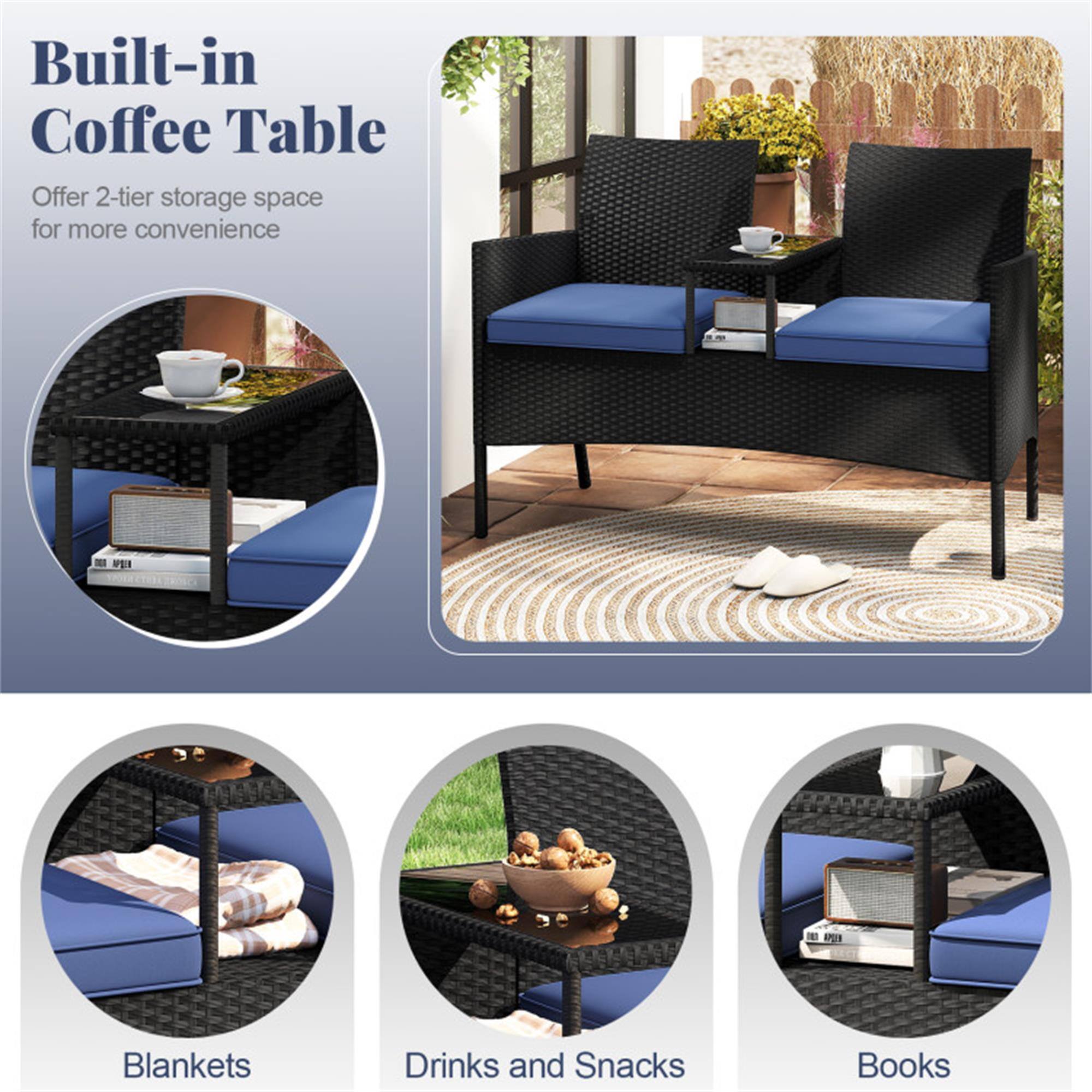 Built-in Coffee Table  
Offer 2-tier storage space for more convenience  

Blankets  
Drinks and Snacks  
Books