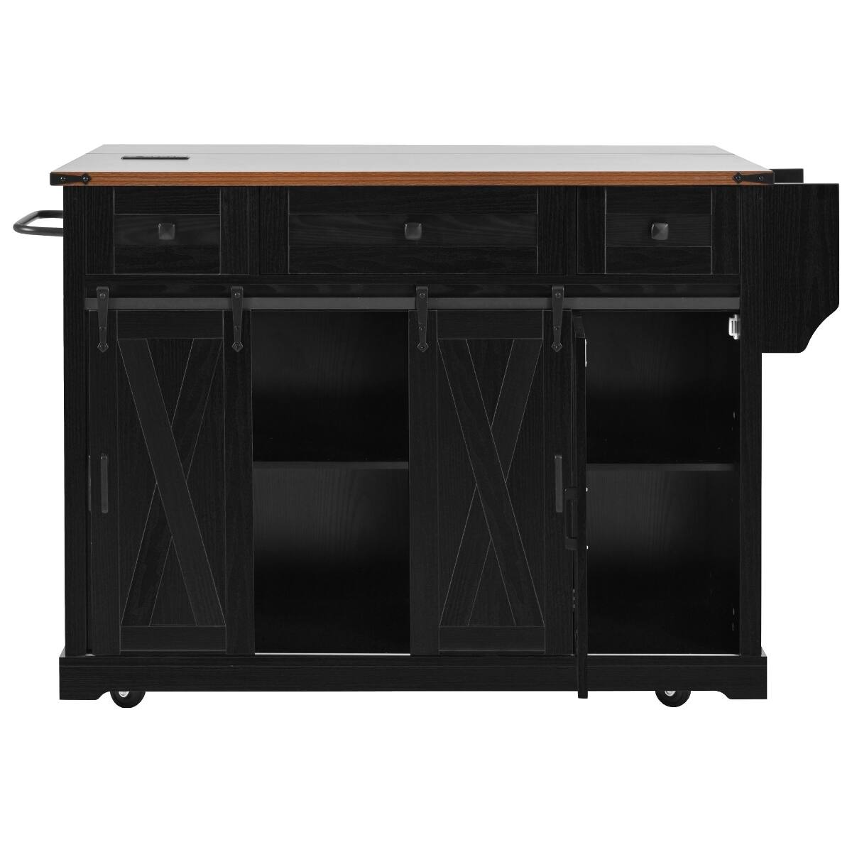 Alt View 6. Loheer - Loheer Farmhouse Kitchen Island with Drop Leaf and Sliding Barn Door, Rolling Kitchen Cart with Power Outlet, Black - Black.