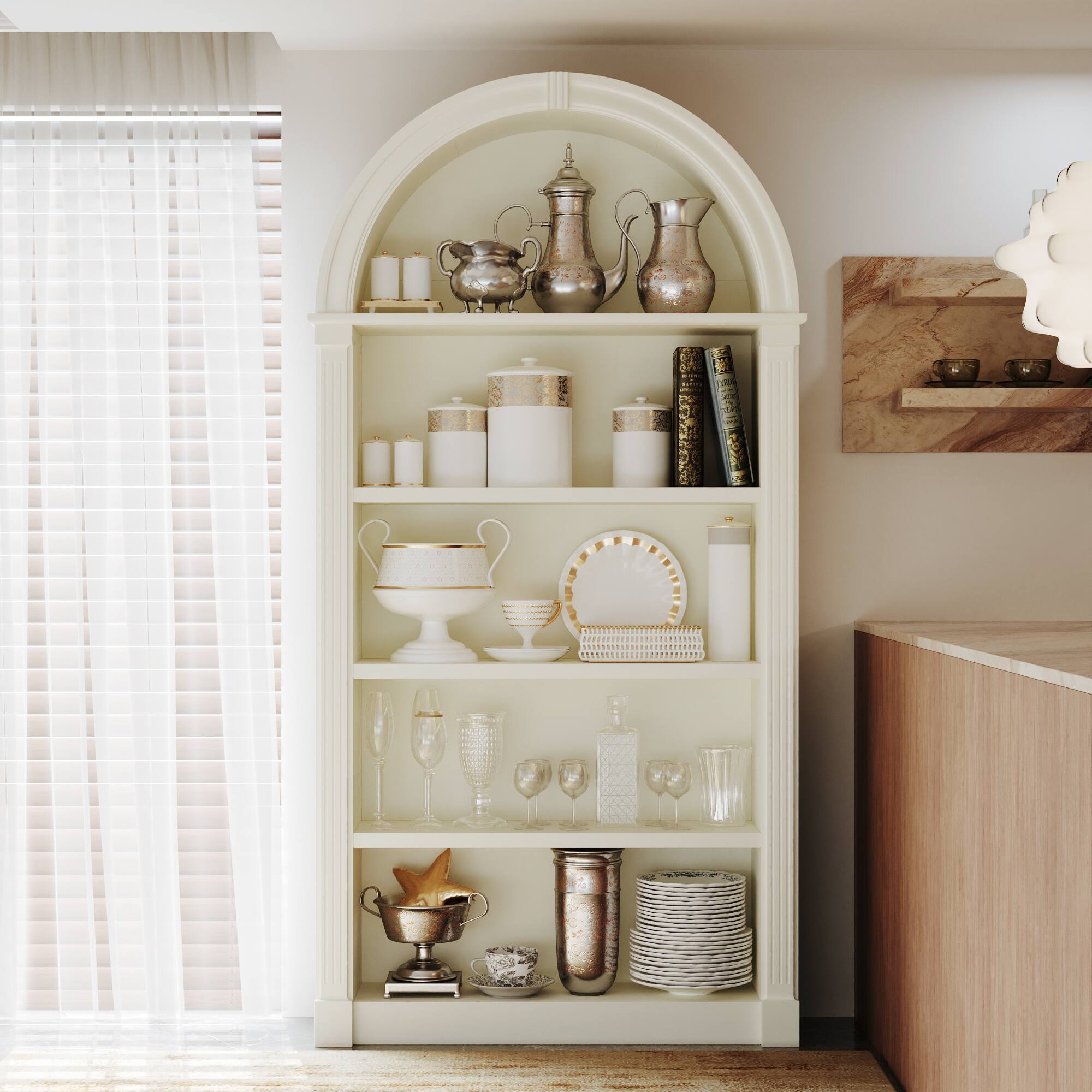 FUFU & GAGA - Arched Top Display Cabinet with Multi-Tier Open Shelves and Anti-Tip Design for Living Room or Study - Off-White