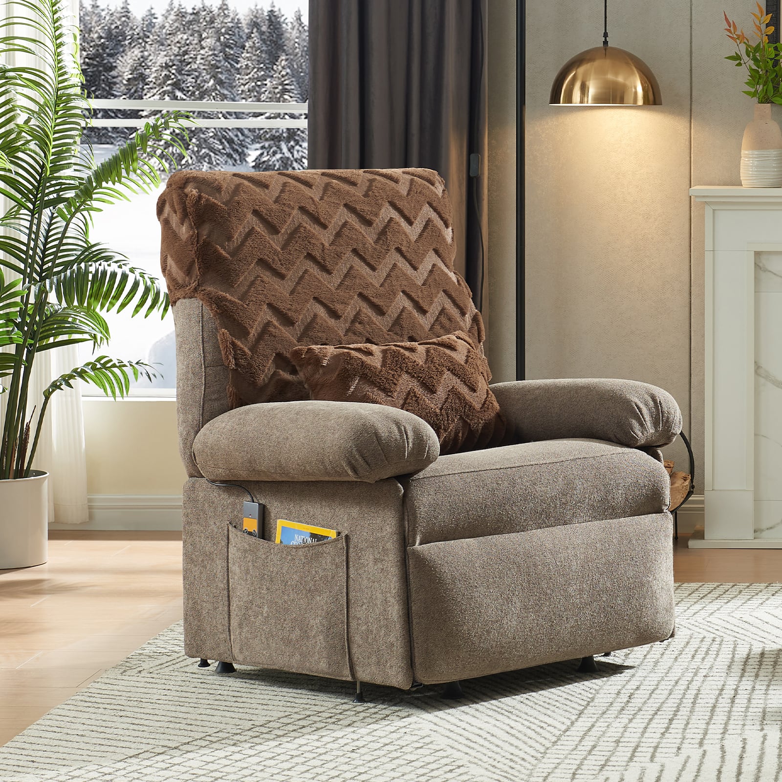 Front. Bestier - Triple Motor Power Lift Recliner Chair with Removable Cover Lumbar Pillow and Side Pocket - Brown.