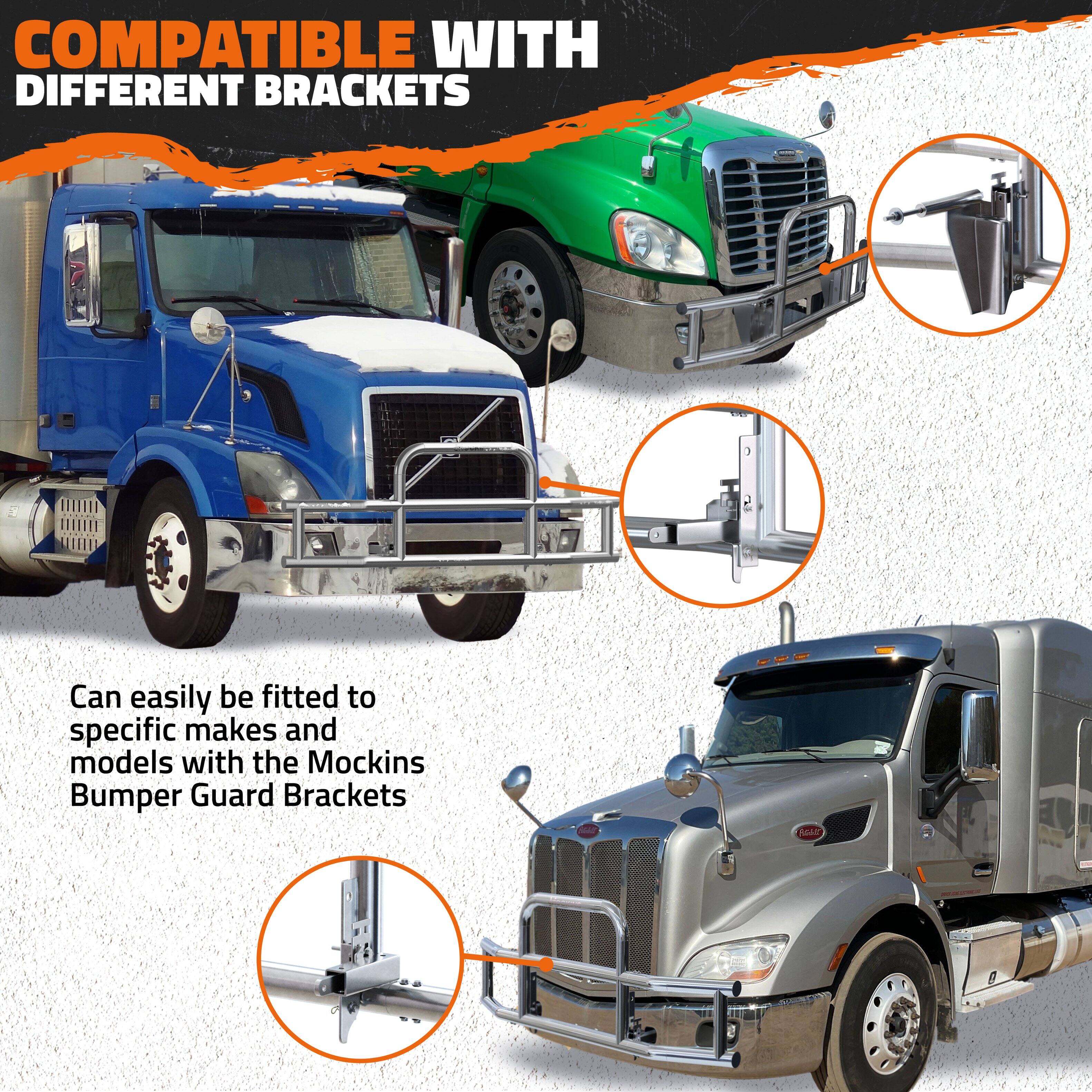 COMPATIBLE WITH DIFFERENT BRACKETS

Can easily be fitted to specific makes and models with the Mockins Bumper Guard Brackets