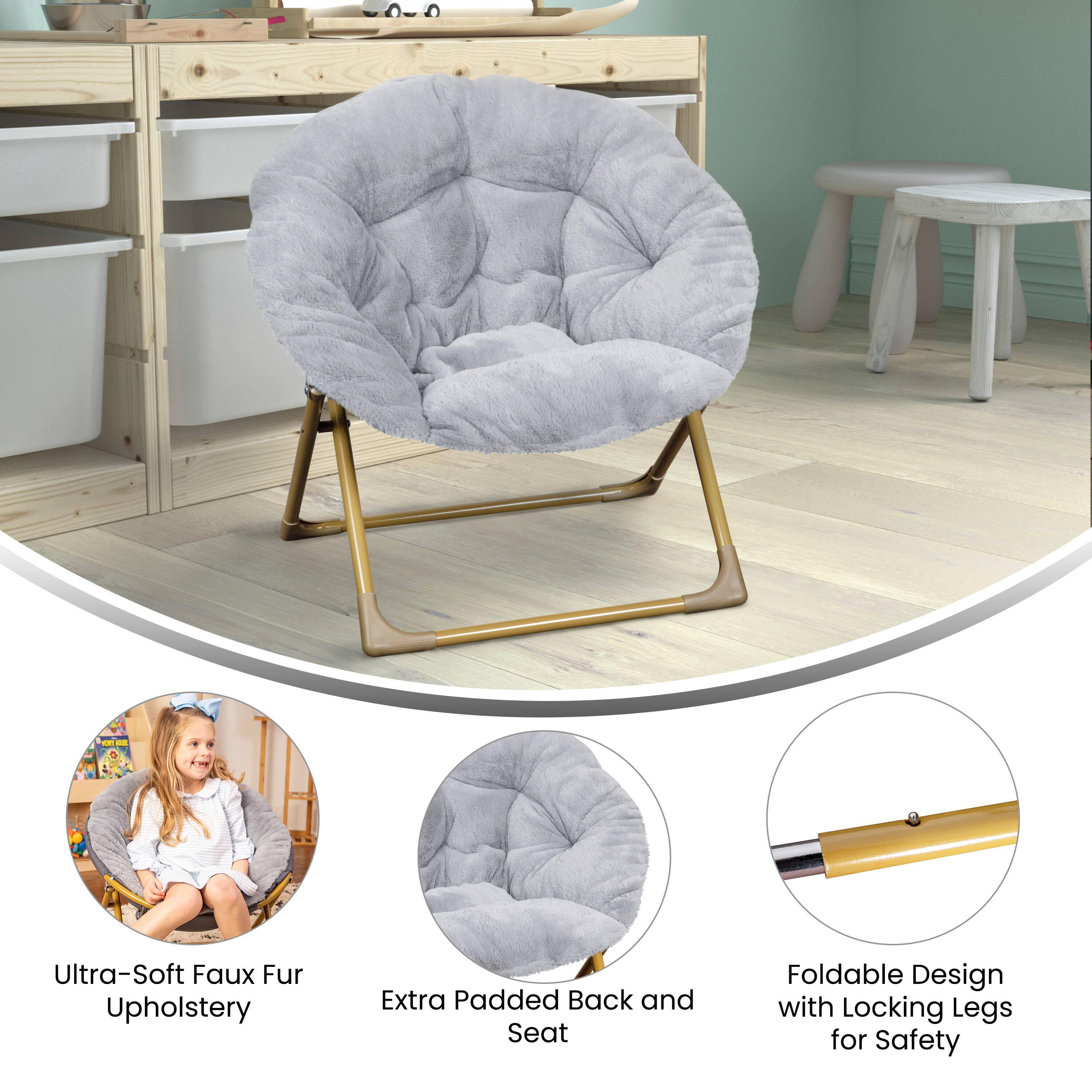 - Ultra-Soft Faux Fur Upholstery
- Extra Padded Back and Seat
- Foldable Design with Locking Legs for Safety