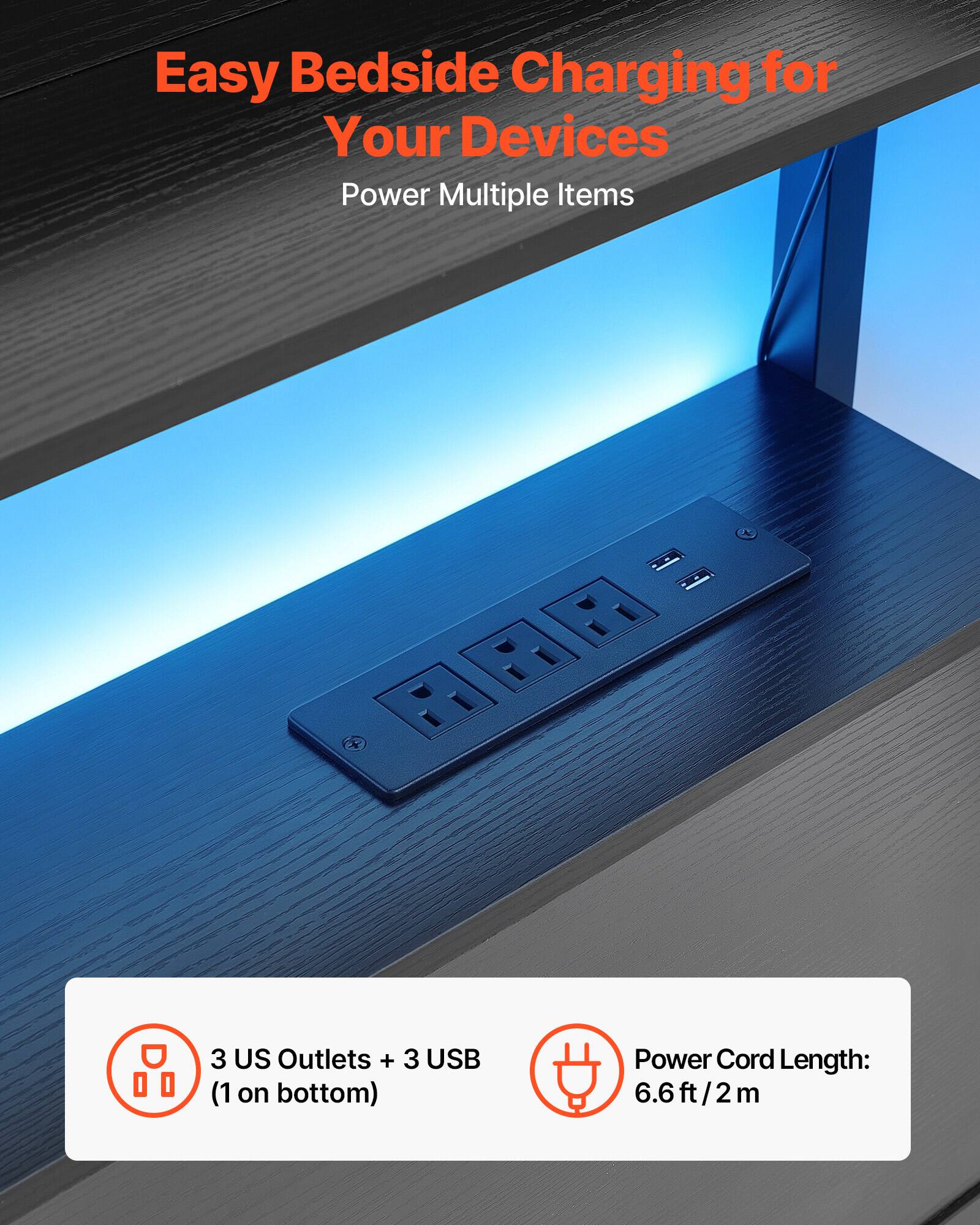 Easy Bedside Charging for Your Devices  
Power Multiple Items  

3 US Outlets + 3 USB (1 on bottom)  
Power Cord Length: 6.6 ft/2 m
