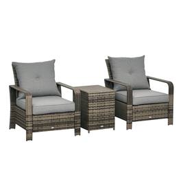 Outsunny - 3 Pieces Wicker Outdoor Bistro Set, Rattan Patio Furniture Set with Storage Coffee Table and Porch Chairs - Gray