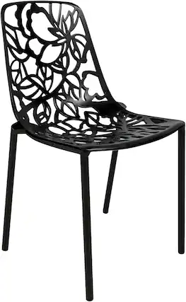Front. LeisureMod - Devon Stackable Aluminum Dining Chair, Modern Floral Cutout Indoor/Outdoor Patio Chair - Fully Assembled - Black.