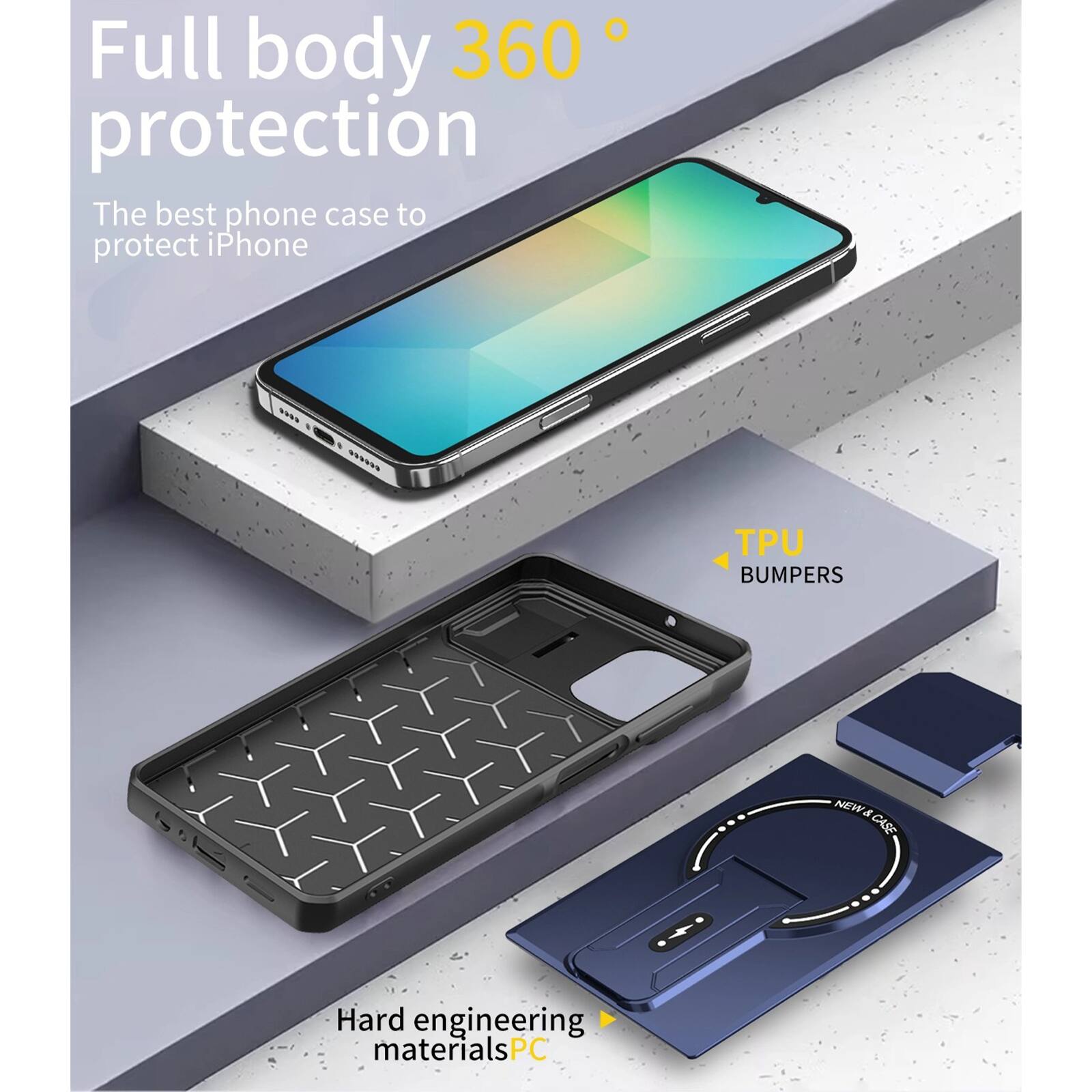Full body 360° protection  
The best phone case to protect iPhone  

TPU BUMPERS  
NEW & CASE  

Hard engineering materialsPC