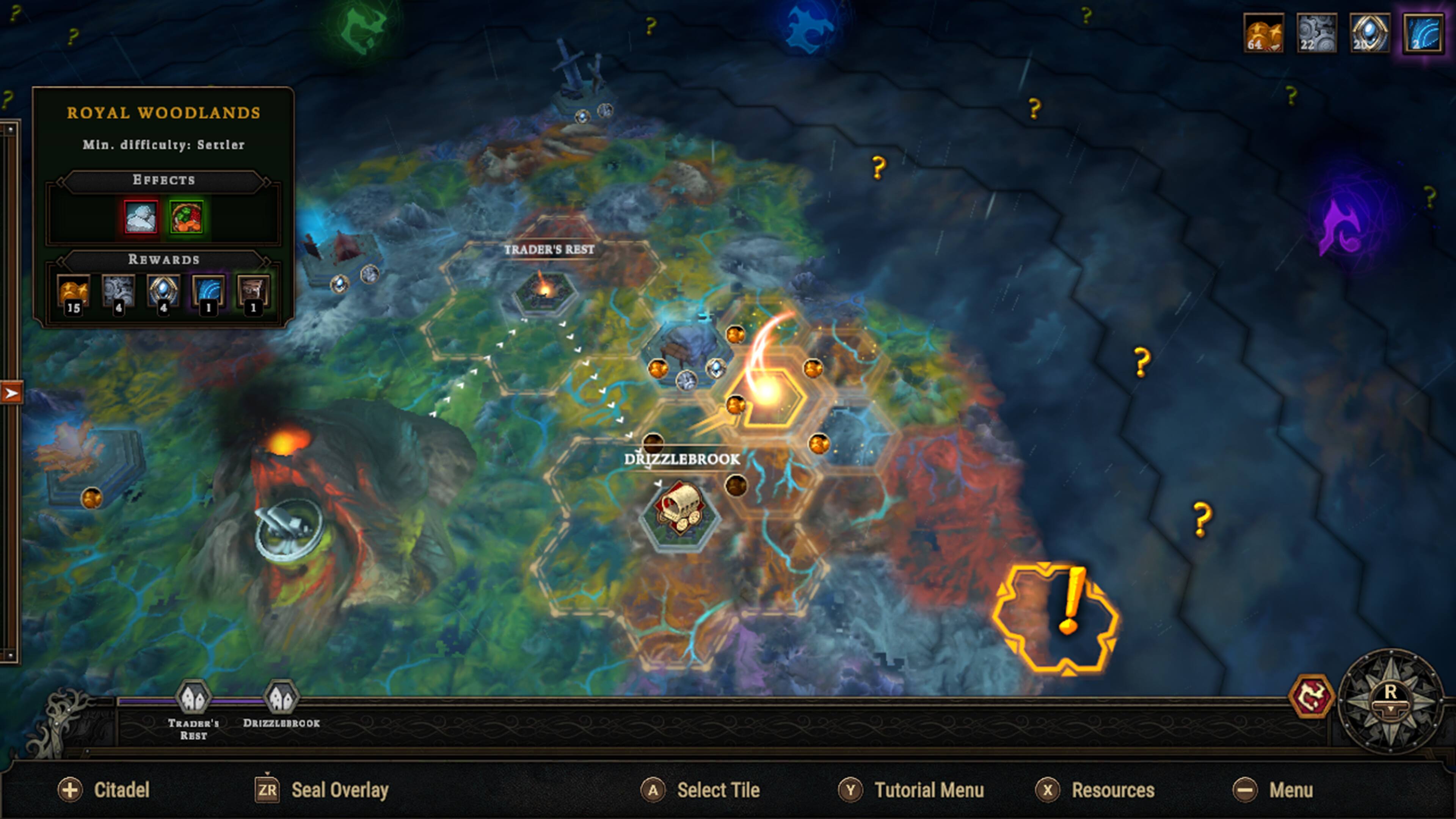 The text on the image is grouped and corrected as follows:

"Royal Woodlands"
"Min. difficulty: Settler"
"Effects"
"Rewards"
"Trader's Rest"
"15 4 4"
"1 1 1"
"Drizzlebrook!"
"A Trader's Drizzlebrook Rest"
"+ Citadel ZR Seal Overlay"
"Select Tile"
"Y"
"Tutorial Menu"
"X"
"Resources - Menu"