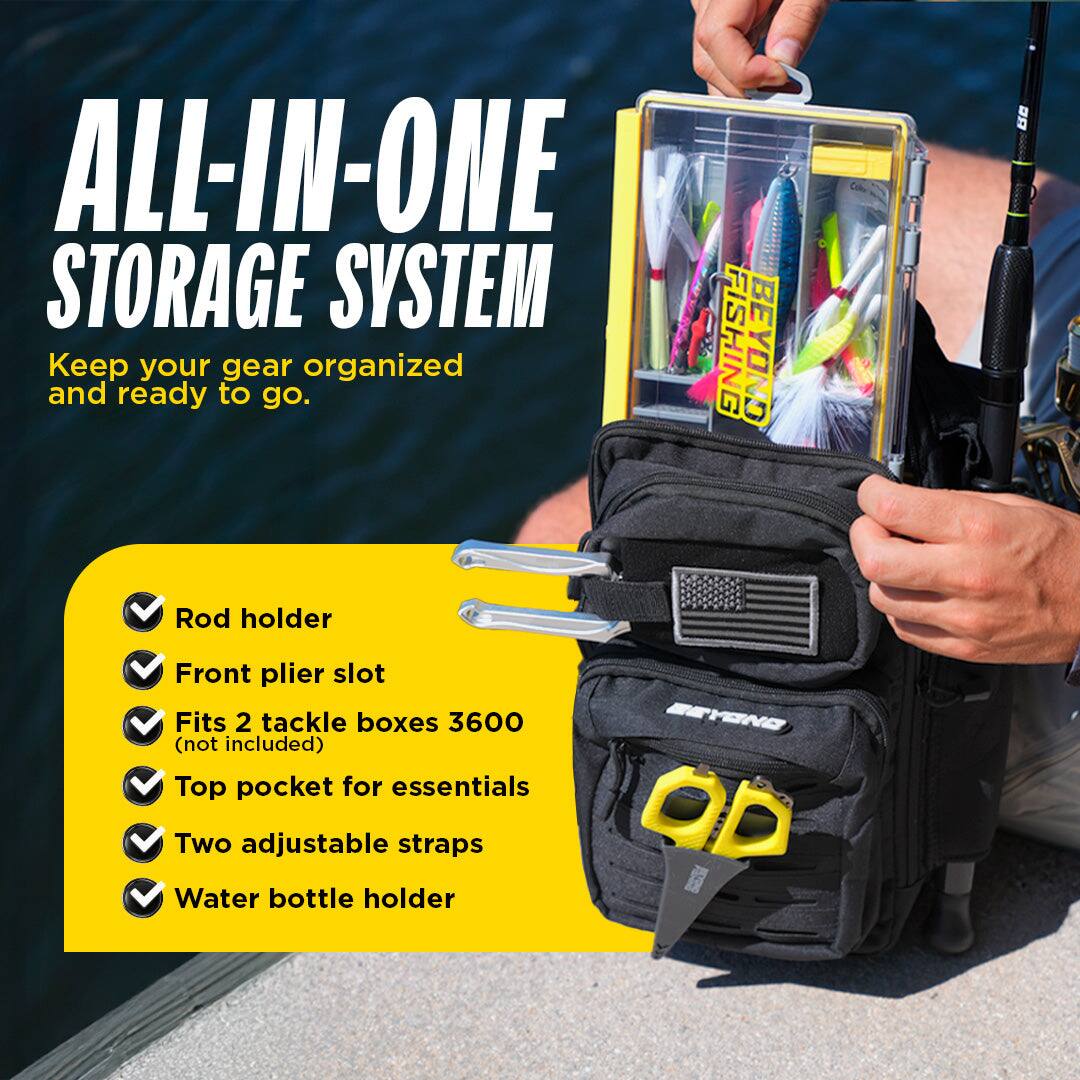 ALL-IN-ONE STORAGE SYSTEM

Keep your gear organized and ready to go.

- Rod holder
- Front plier slot
- Fits 2 tackle boxes 3600 (not included)
- Top pocket for essentials
- Two adjustable straps
- Water bottle holder