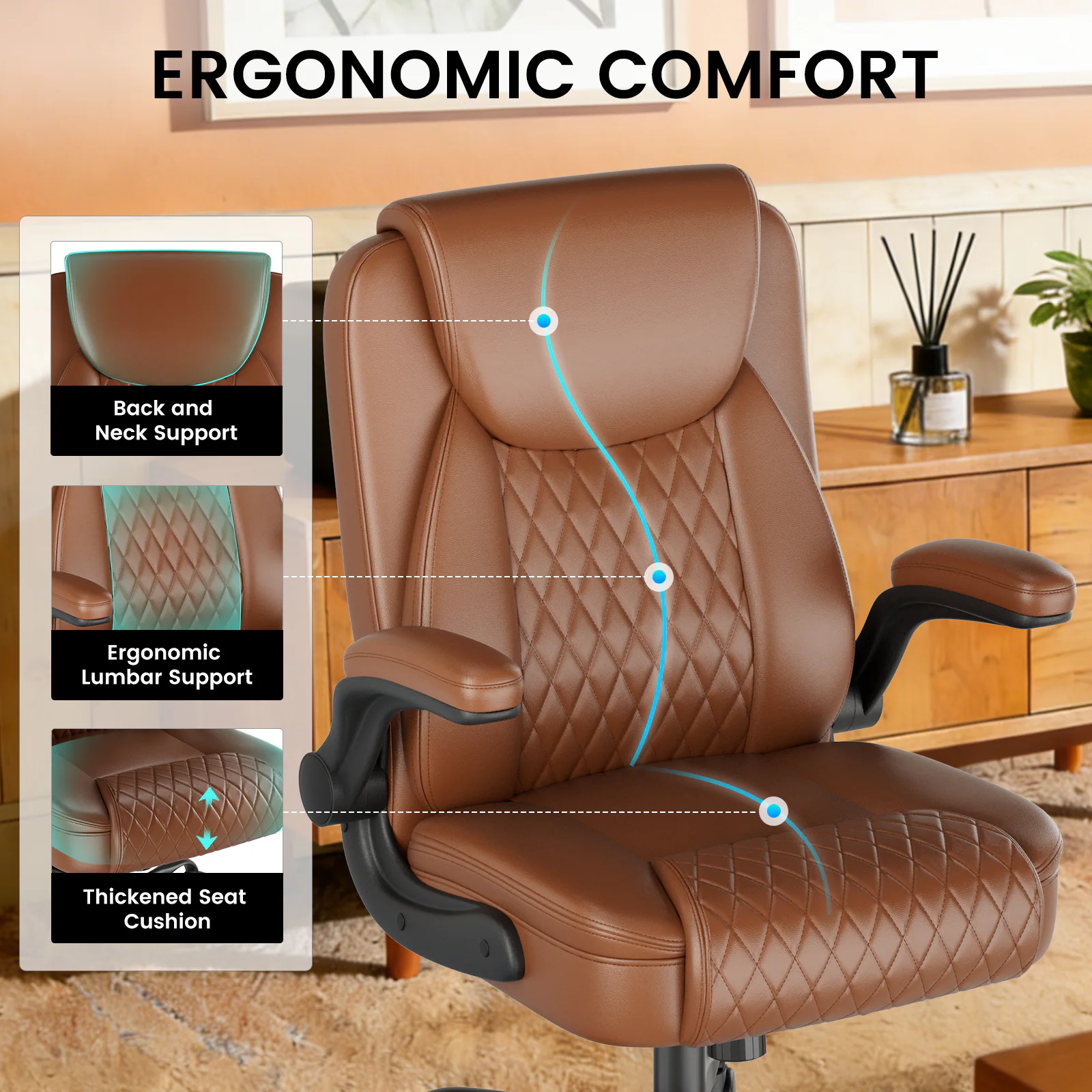 ERGONOMIC COMFORT

- Back and Neck Support
- Ergonomic Lumbar Support
- Thickened Seat Cushion