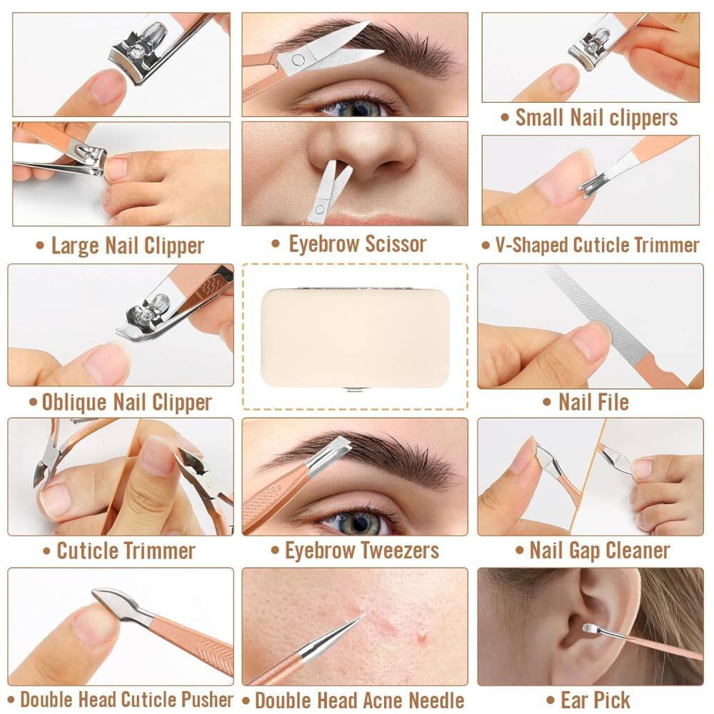 - Small Nail Clippers
- Large Nail Clipper
- Eyebrow Scissor
- V-Shaped Cuticle Trimmer
- Oblique Nail Clipper
- Nail File
- Cuticle Trimmer
- Eyebrow Tweezers
- Nail Gap Cleaner
- Double Head Cuticle Pusher
- Double Head Acne Needle
- Ear Pick