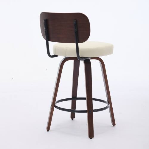 Back. LUCKY ONE - 26" Assembled Swivel Bar Stool Set of 2 Faux Leather Counter Height with Walnut Bentwood Back - Beige.
