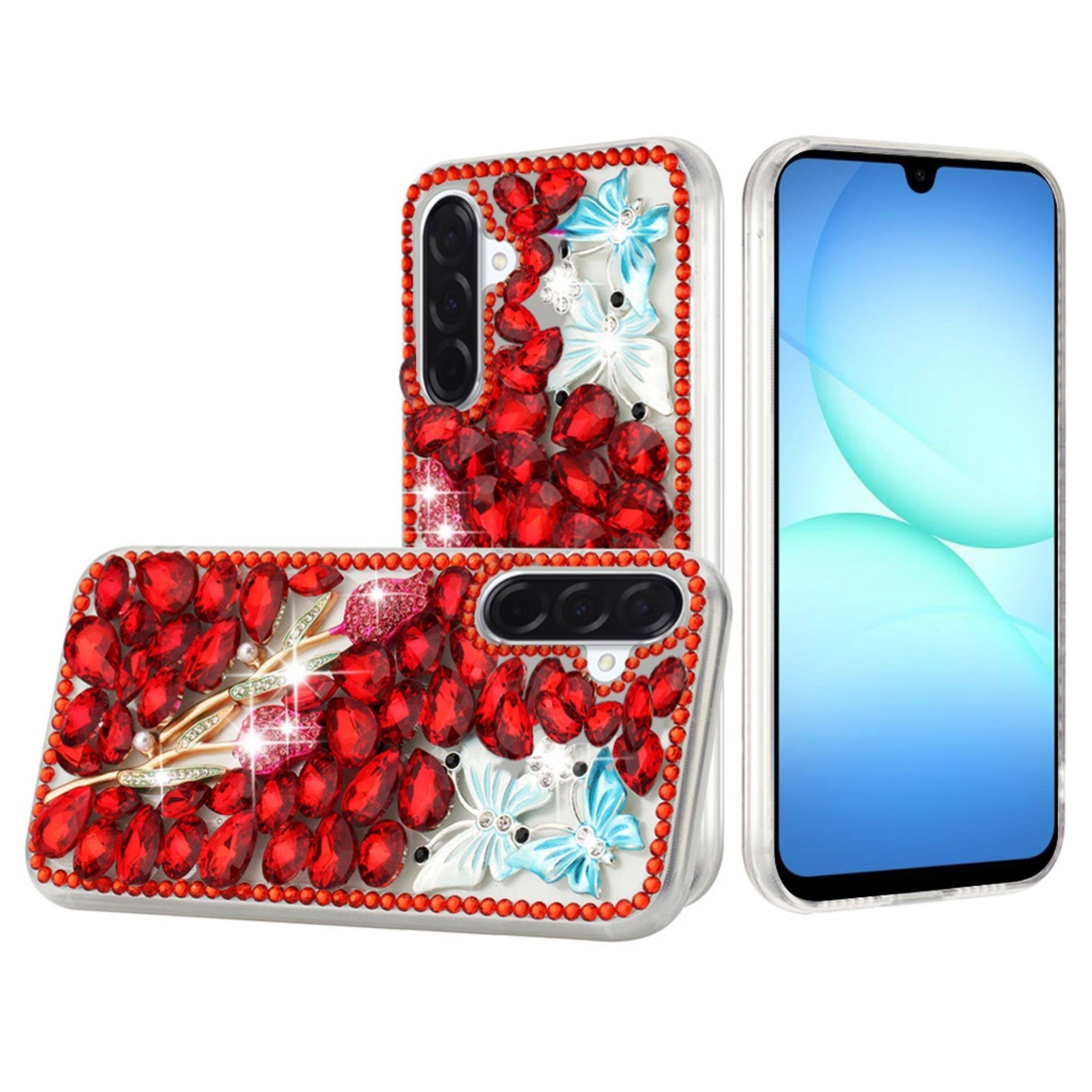 Front. Kitcheniva - Full Diamond Bling 3D Jewel Ornaments Plus Tempered Glass For Samsung A17 5G Red Exquisite Garden - Multicolor.