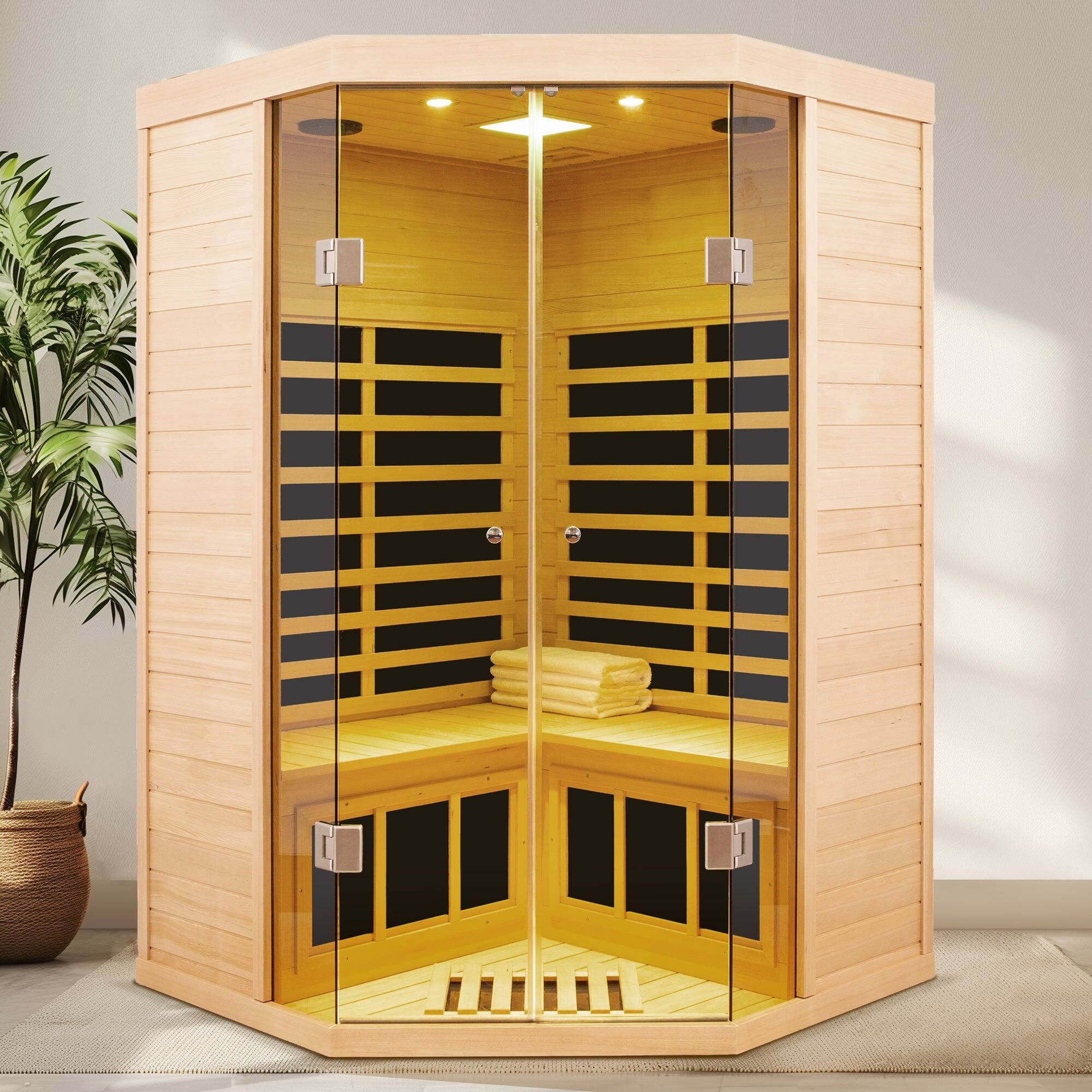 Front. Boyel Living - Two-Person Hemlock Far Infrared Corner Sauna with Bluetooth and LED Lights - Natural.