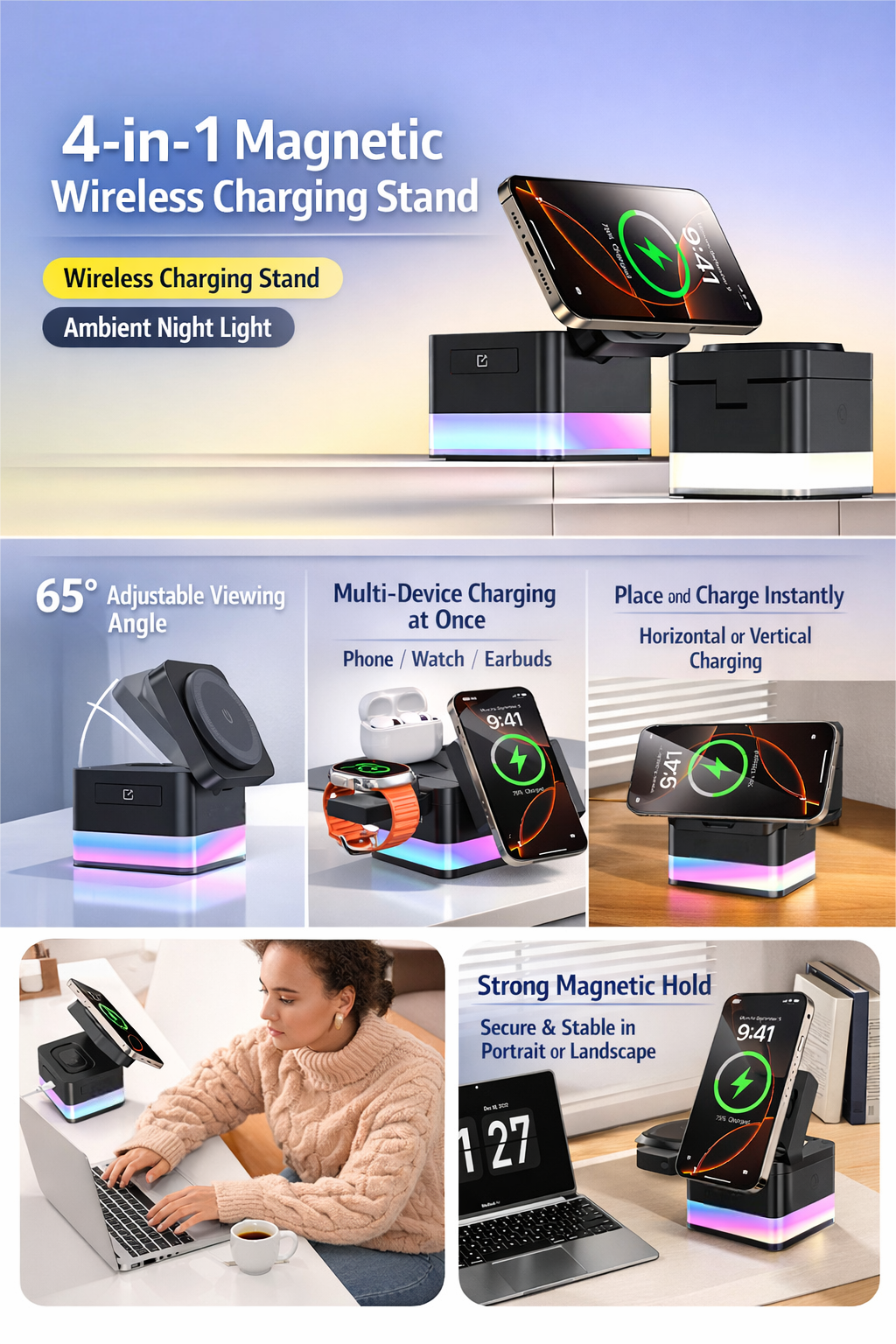 4-in-1 Magnetic Wireless Charging Stand

Wireless Charging Stand
Ambient Night Light

65° Adjustable Viewing Angle

Multi-Device Charging at Once
Phone / Watch / Earbuds

Place and Charge Instantly
Horizontal or Vertical Charging

Strong Magnetic Hold
Secure & Stable in Portrait or Landscape