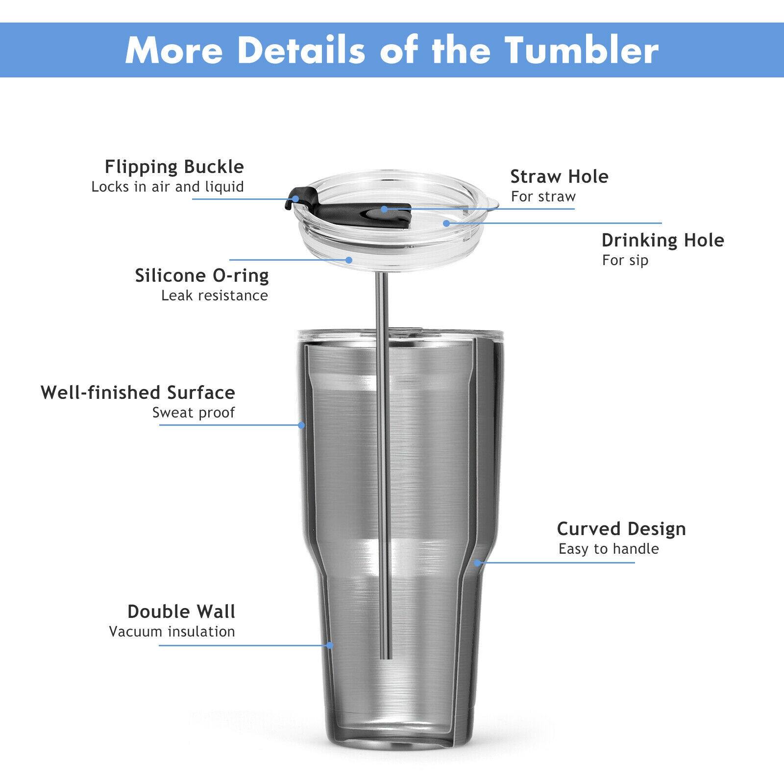 More Details of the Tumbler

- Flipping Buckle: Locks in air and liquid
- Straw Hole: For straw
- Drinking Hole: For sip
- Silicone O-ring: Leak resistance
- Well-finished Surface: Sweat proof
- Curved Design: Easy to handle
- Double Wall: Vacuum insulation