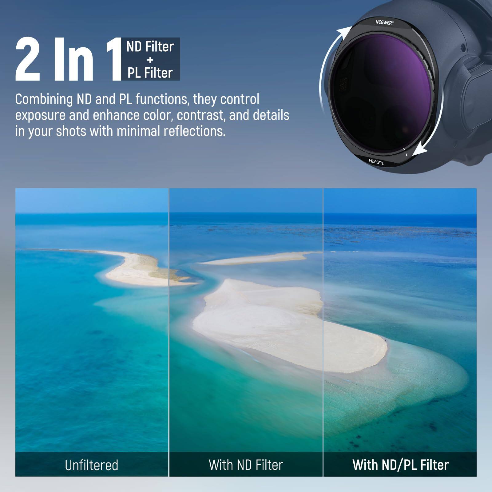 2 In 1 ND Filter + PL Filter

Combining ND and PL functions, they control exposure and enhance color, contrast, and details in your shots with minimal reflections.

NEEWER NDTPL

Unfiltered | With ND Filter | With ND/PL Filter