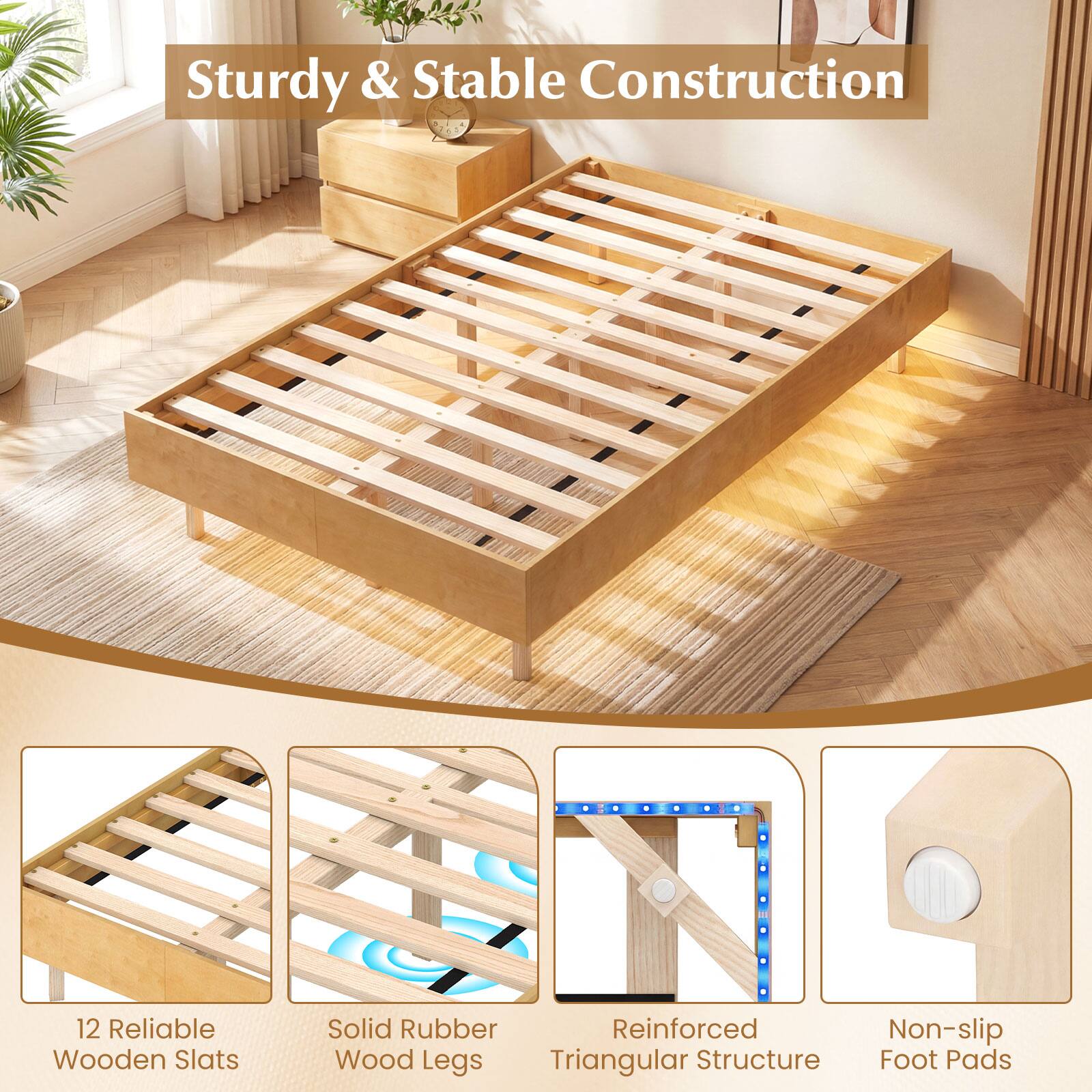 Sturdy & Stable Construction

- 12 Reliable Wooden Slats
- Solid Rubber Wood Legs
- Reinforced Triangular Structure
- Non-slip Foot Pads