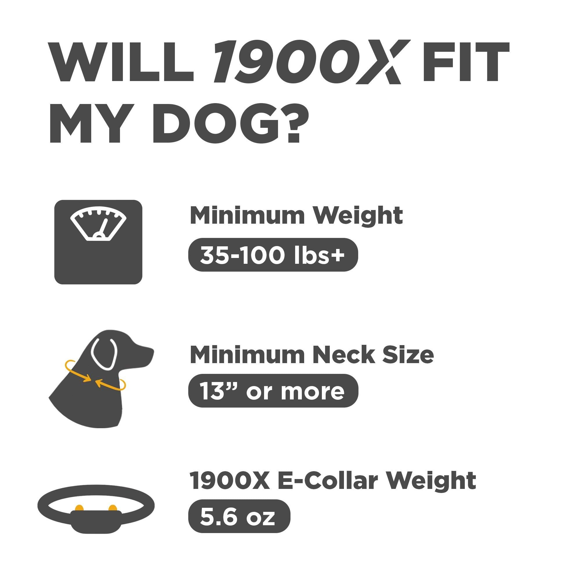 WILL 1900X FIT MY DOG?

Minimum Weight
35-100 lbs+

Minimum Neck Size
13" or more

1900X E-Collar Weight
5.6 oz